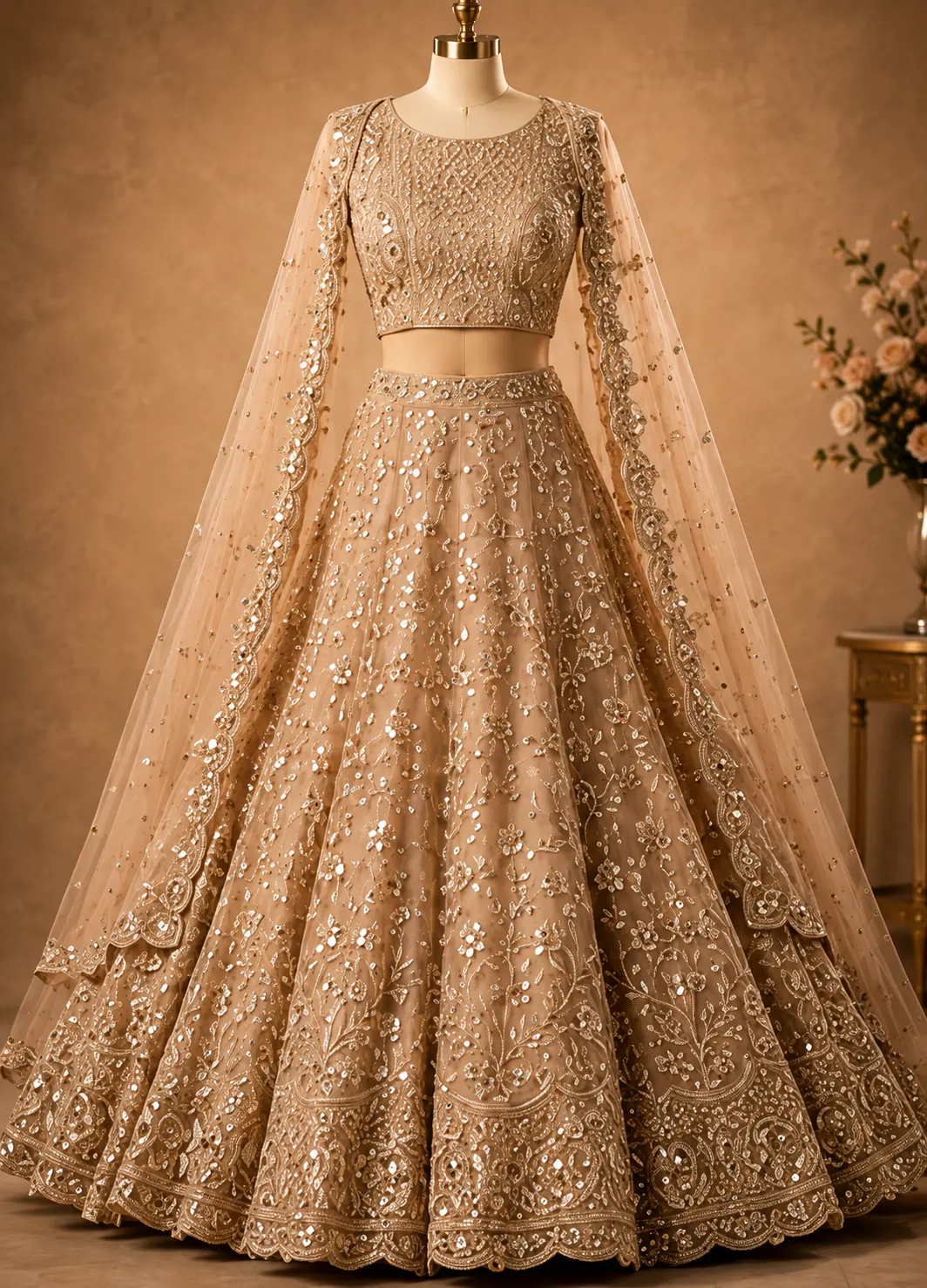 Beige Cording Net Readymade Lehenga