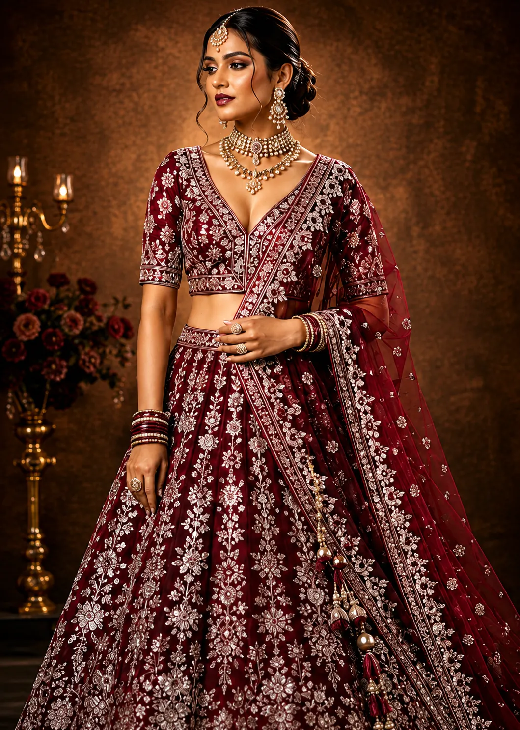Maroon Zariwork (Silver) Banarasi Readymade Lehenga