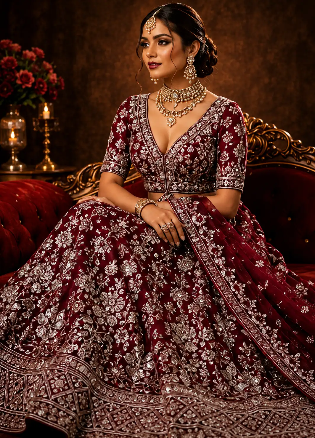 Maroon Zariwork (Silver) Banarasi Readymade Lehenga