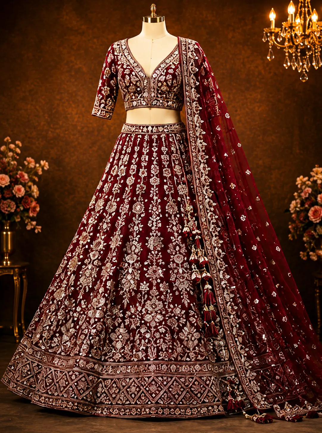 Maroon Zariwork (Silver) Banarasi Readymade Lehenga