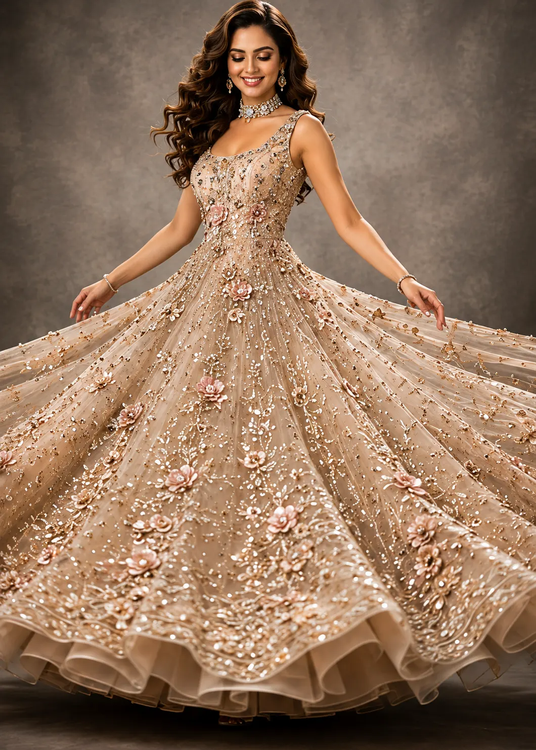 Beige Stonework Net Readymade Gown