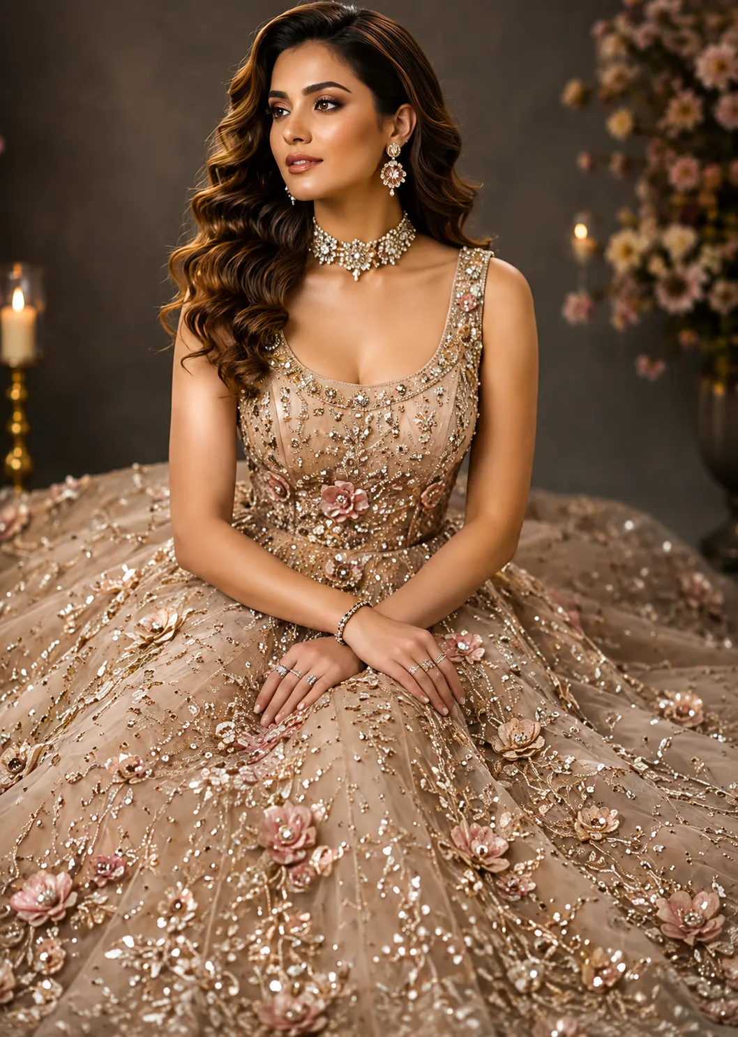 Beige Stonework Net Readymade Gown