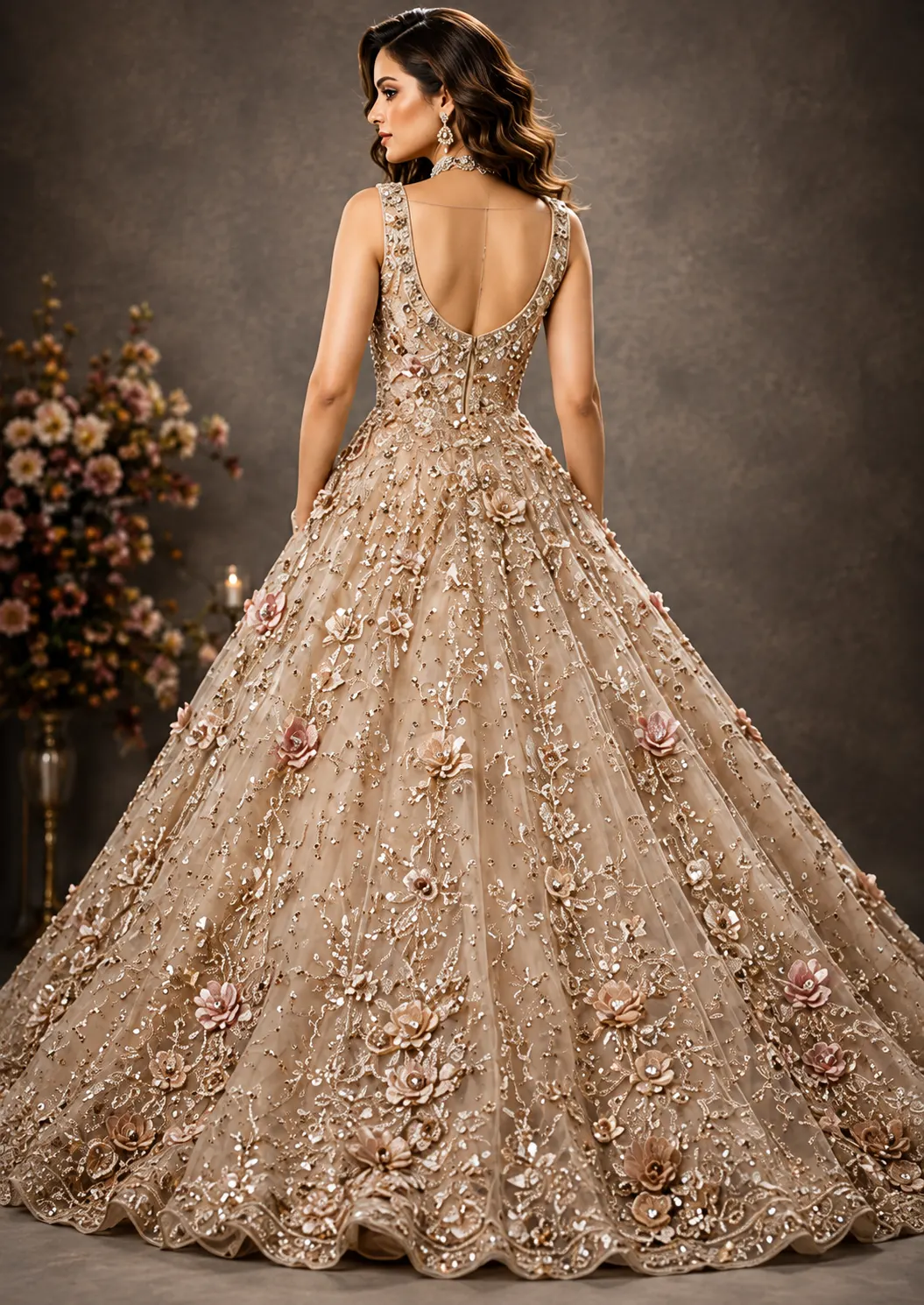 Beige Stonework Net Readymade Gown