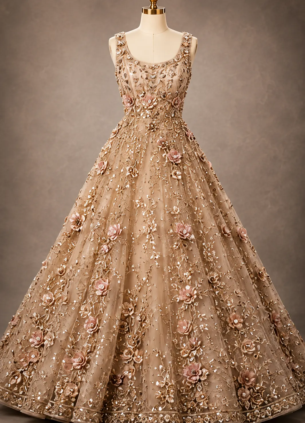 Beige Stonework Net Readymade Gown