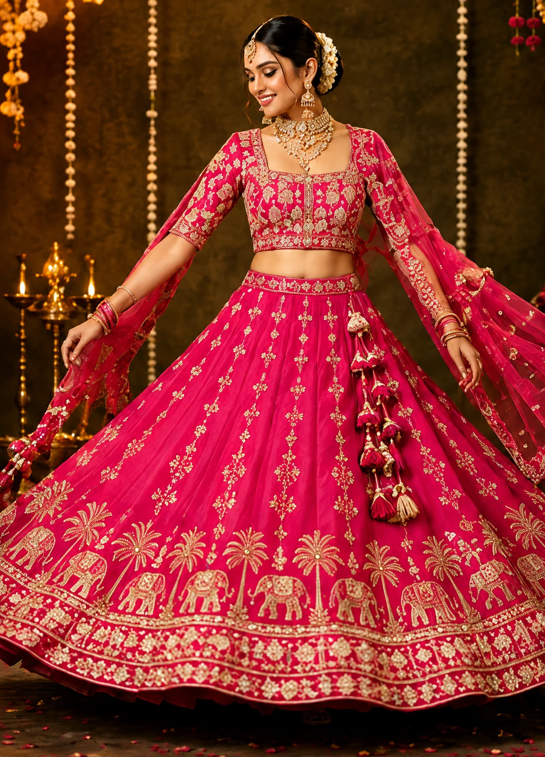 Rani Pink Zardozi (Gold) Raw Silk Readymade Lehenga