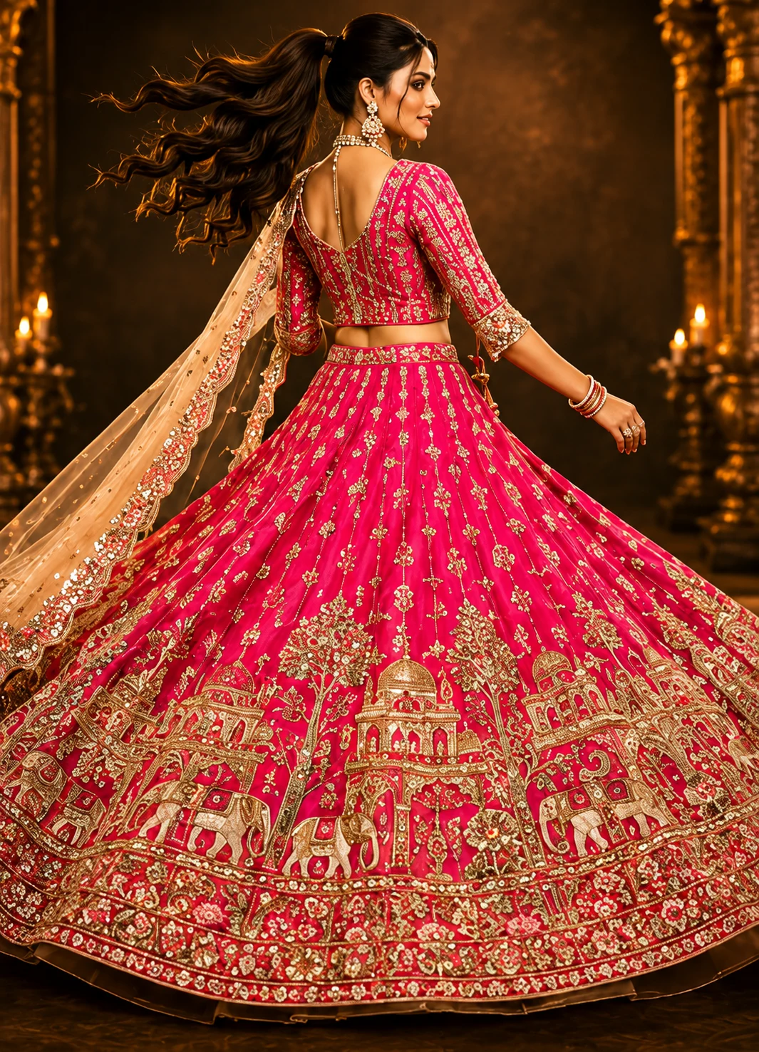 Rani Pink Zardozi (Gold) Raw Silk Semi-Stitched Lehenga