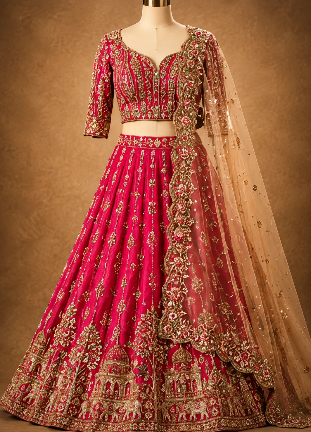 Rani Pink Zardozi (Gold) Raw Silk Semi-Stitched Lehenga