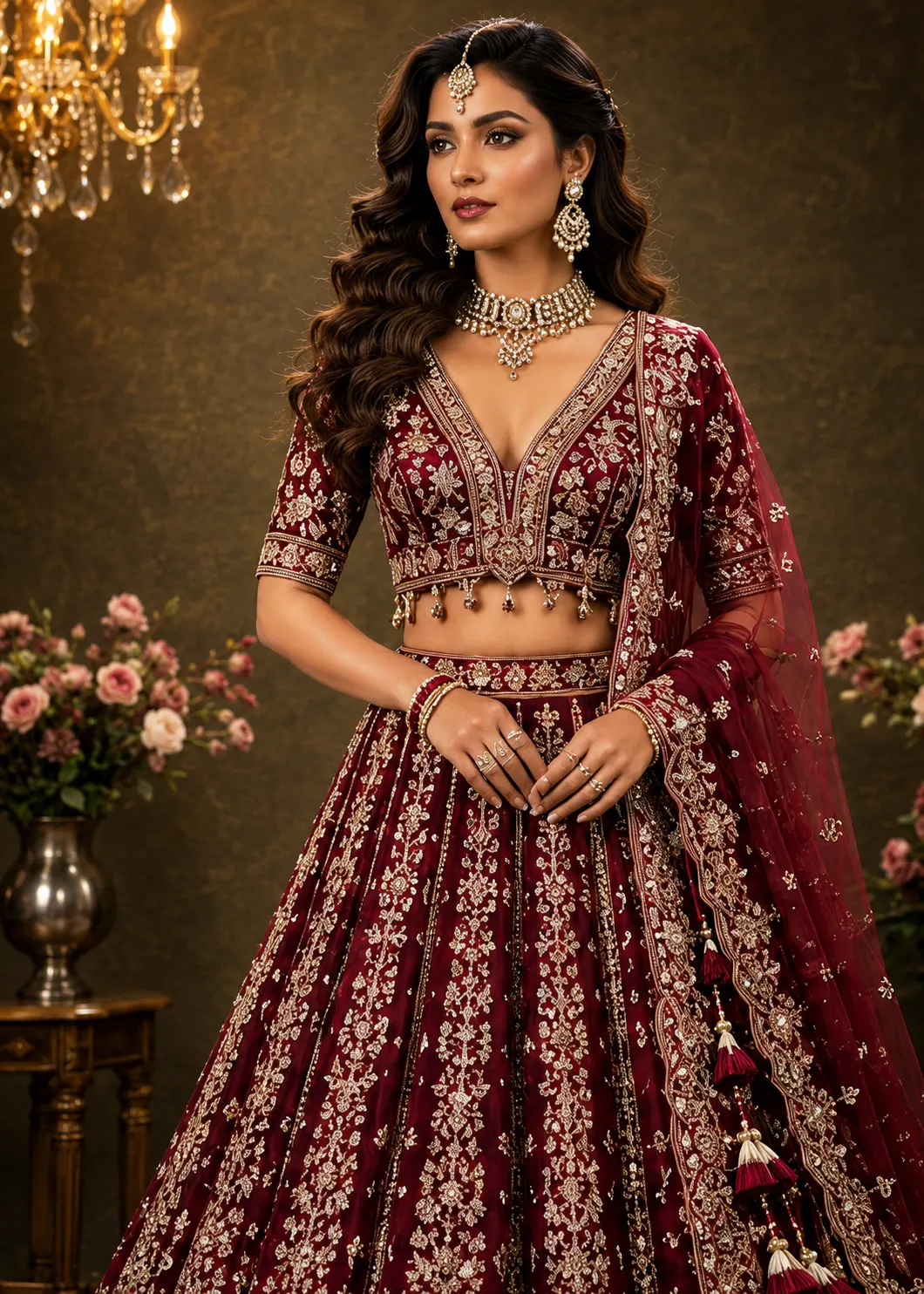 Maroon Zariwork (Gold) Net Readymade Lehenga