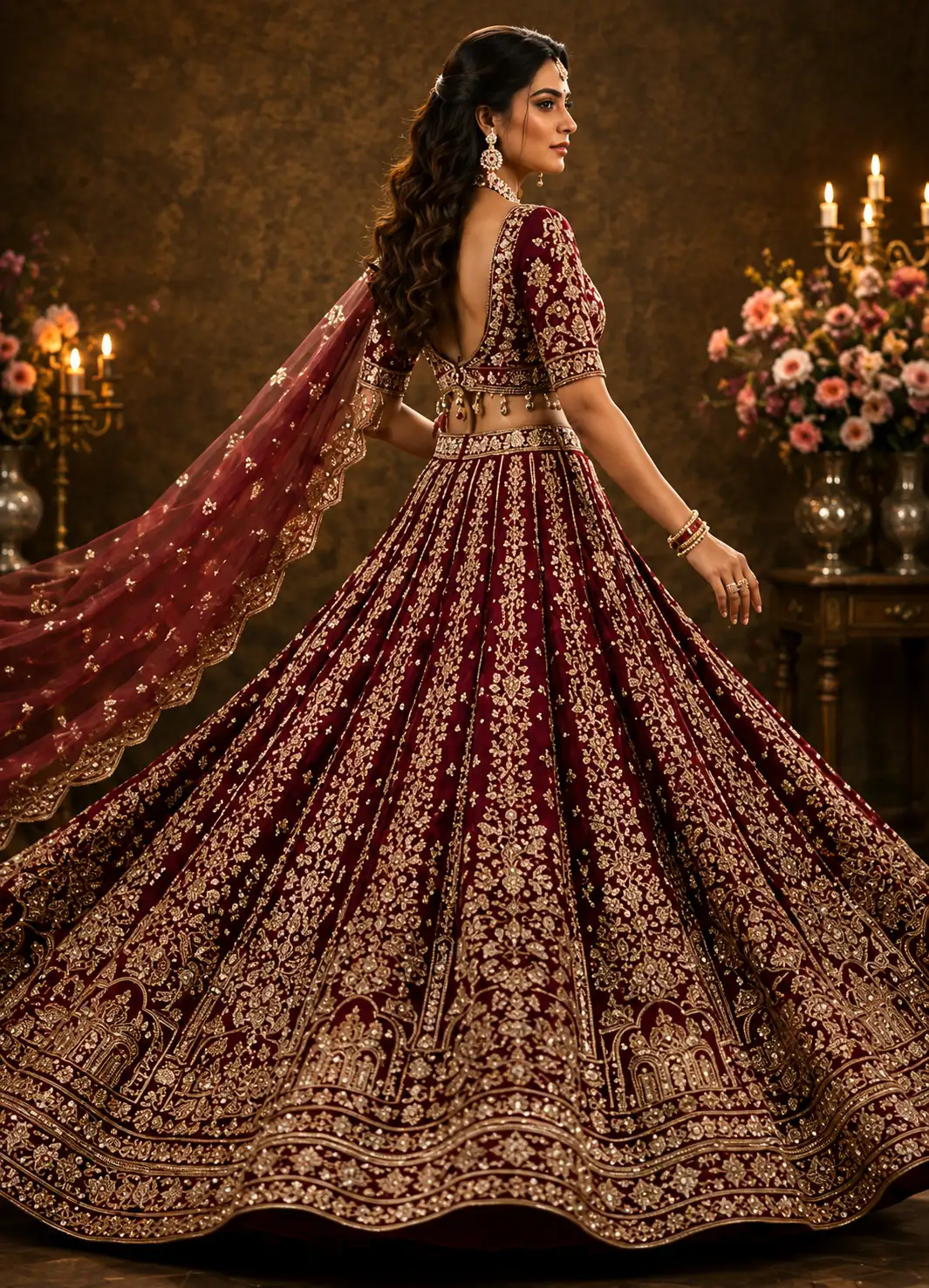 Maroon Zariwork (Gold) Net Readymade Lehenga