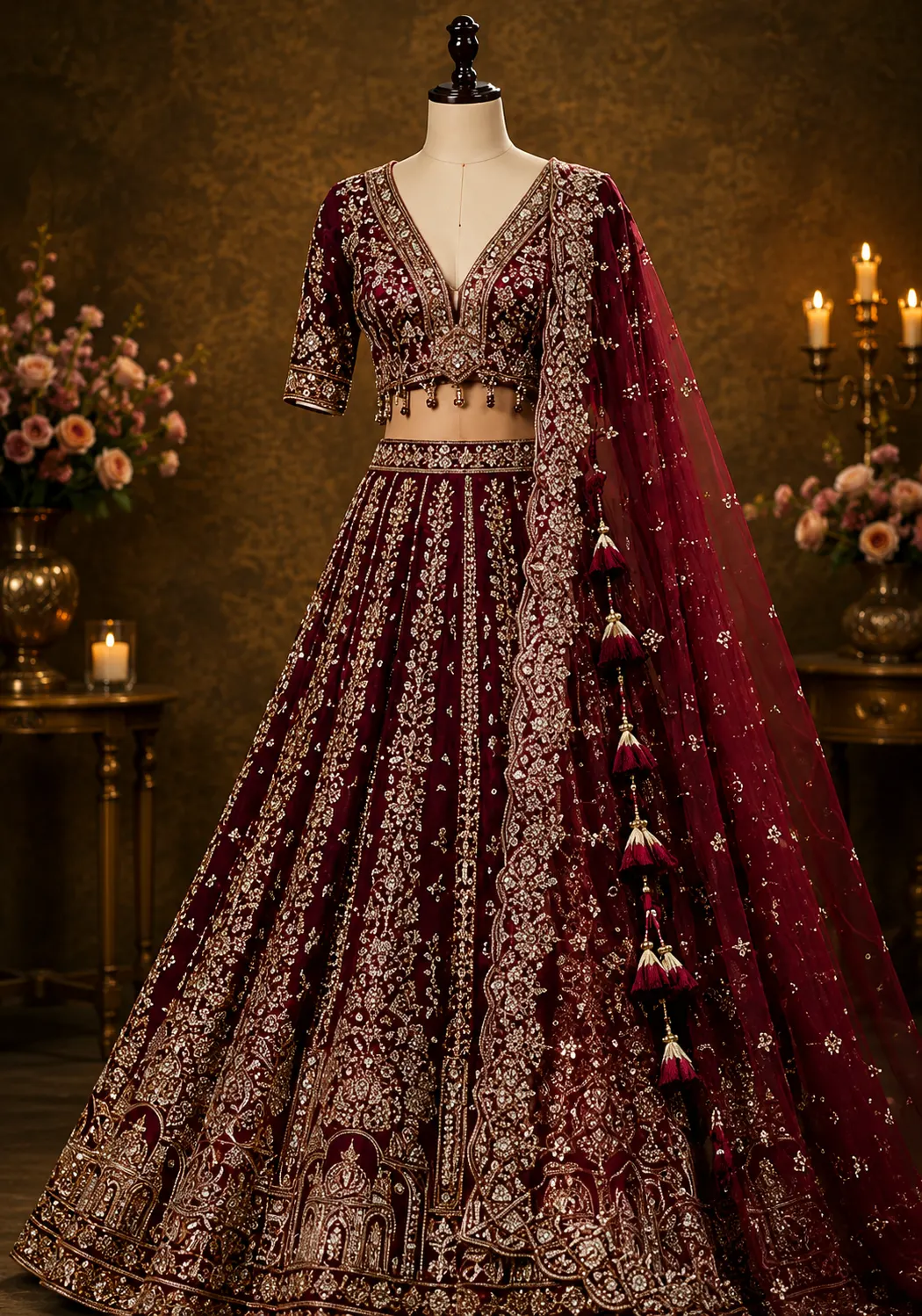 Maroon Zariwork (Gold) Net Readymade Lehenga