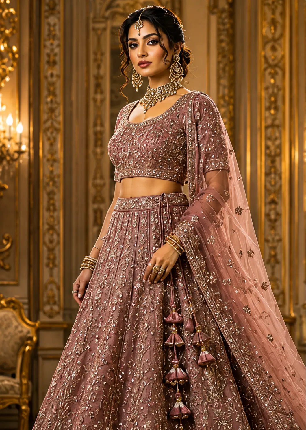 Onion Pink Zariwork Net Readymade Lehenga