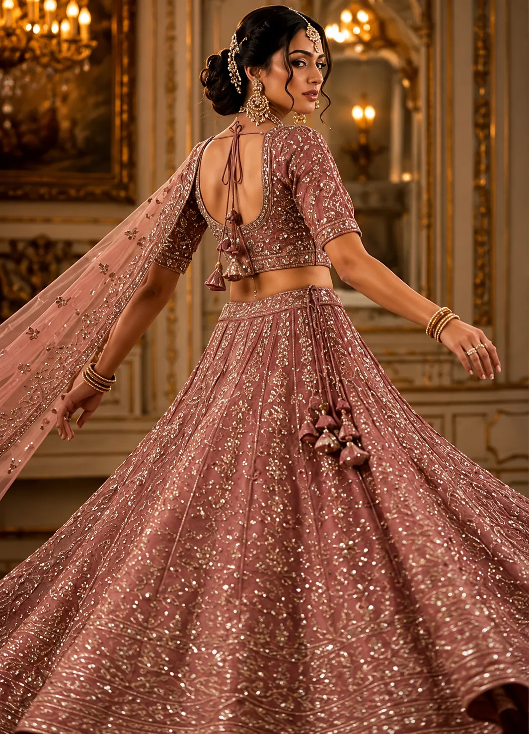 Onion Pink Zariwork Net Readymade Lehenga