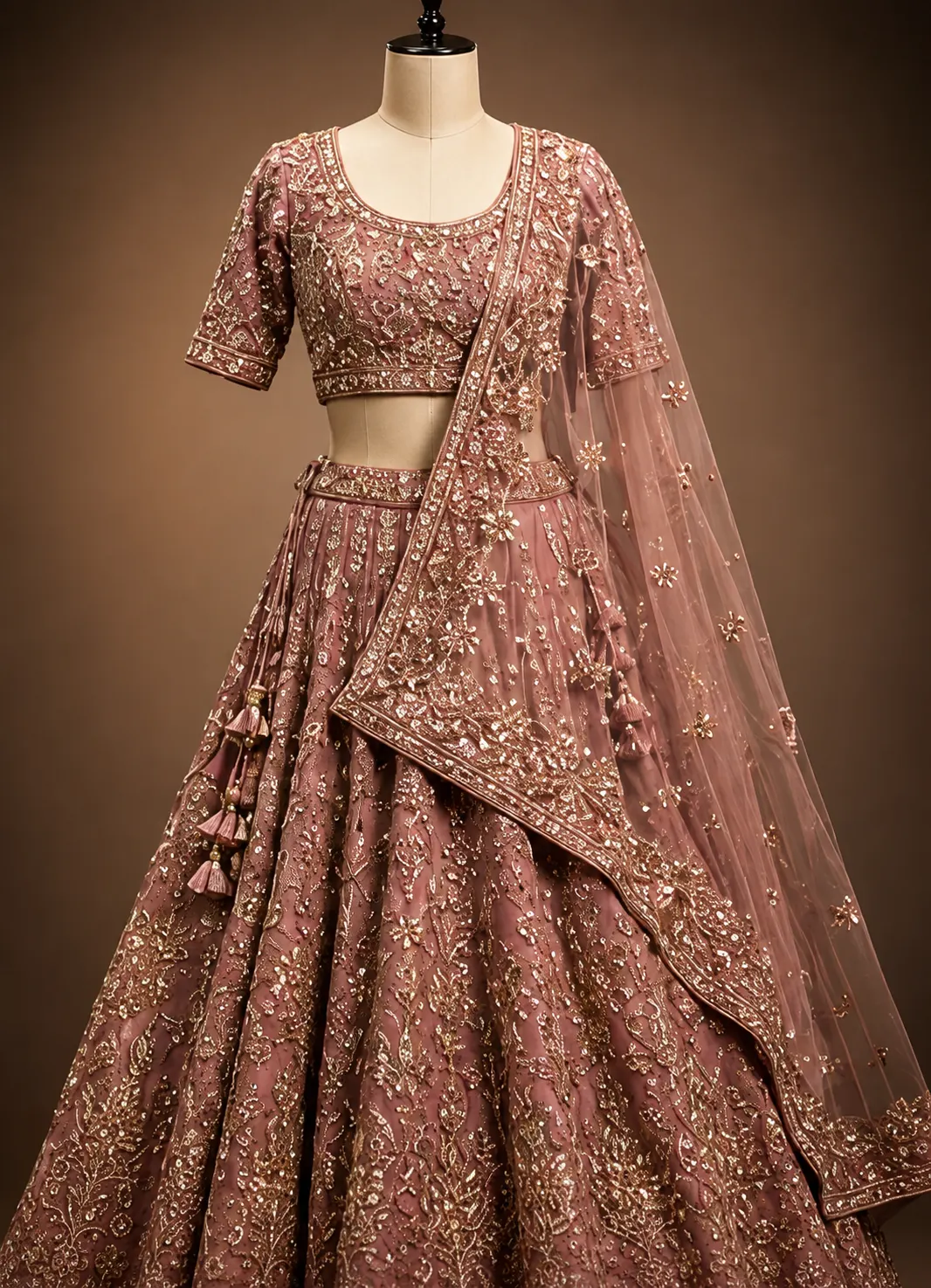 Onion Pink Zariwork Net Readymade Lehenga
