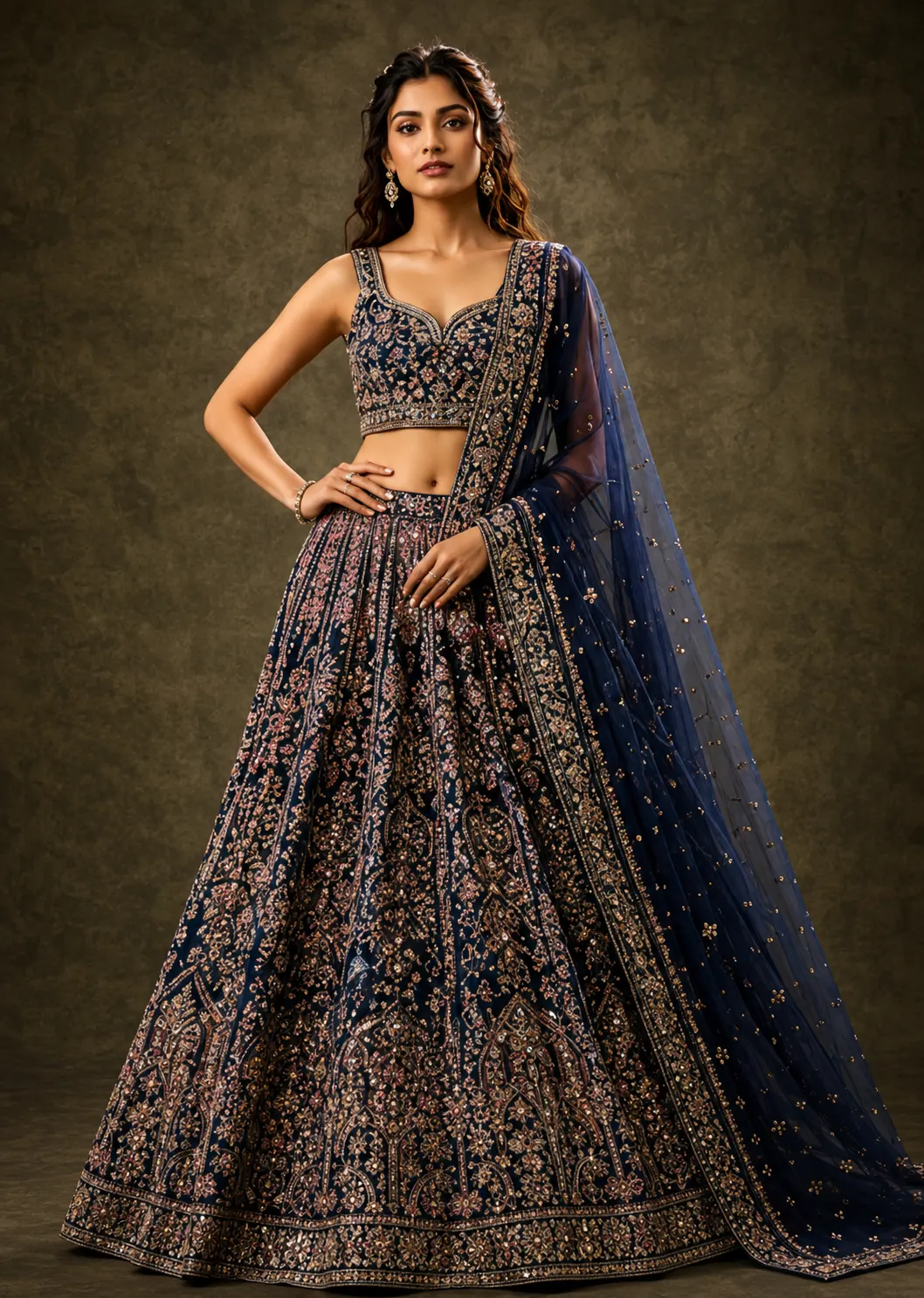 Peacock Blue Threadwork Net Readymade Lehenga