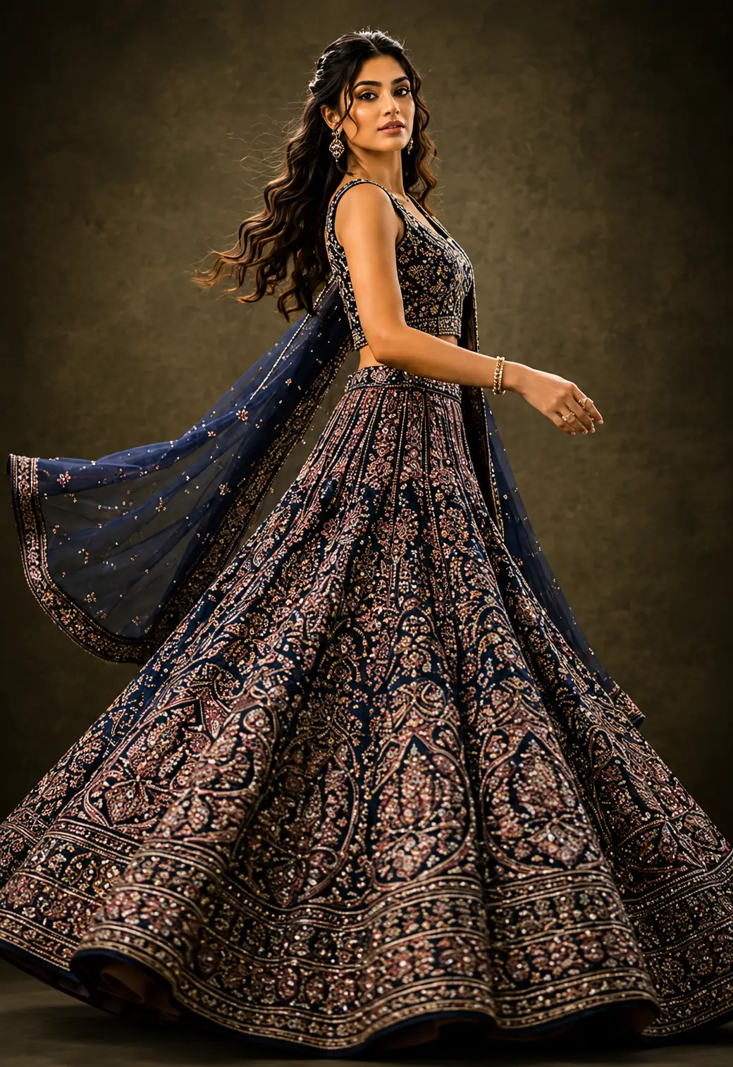Peacock Blue Threadwork Net Readymade Lehenga