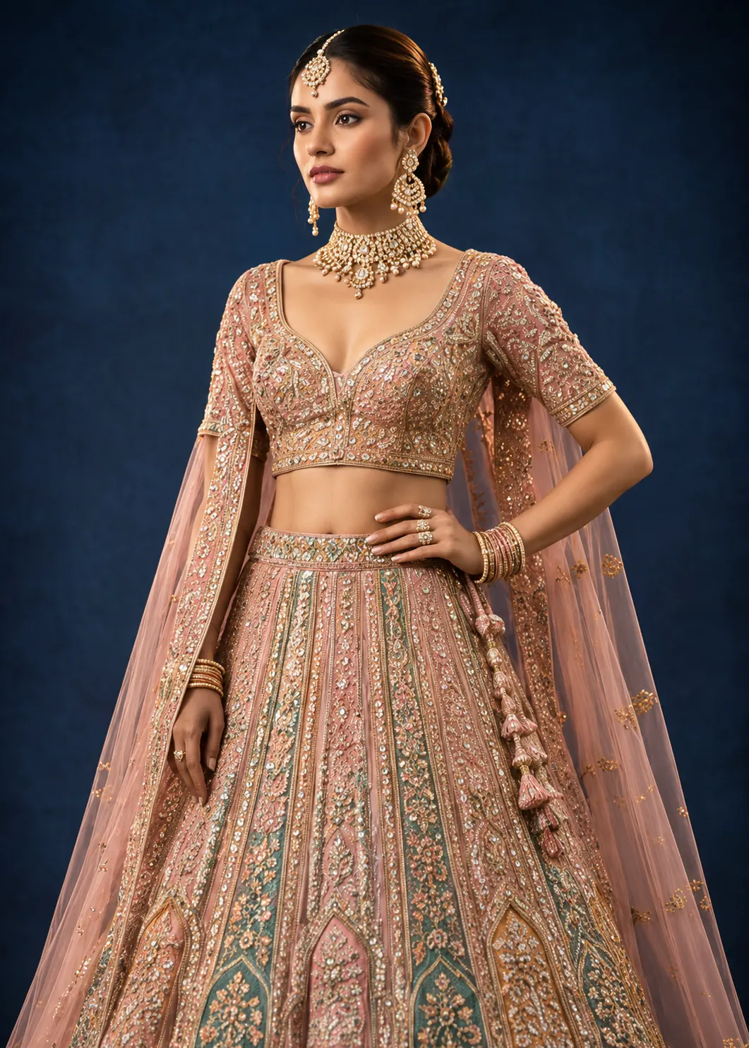 Grey Beige Sequins Embroidered Silk Exclusive Bridal Lehenga 