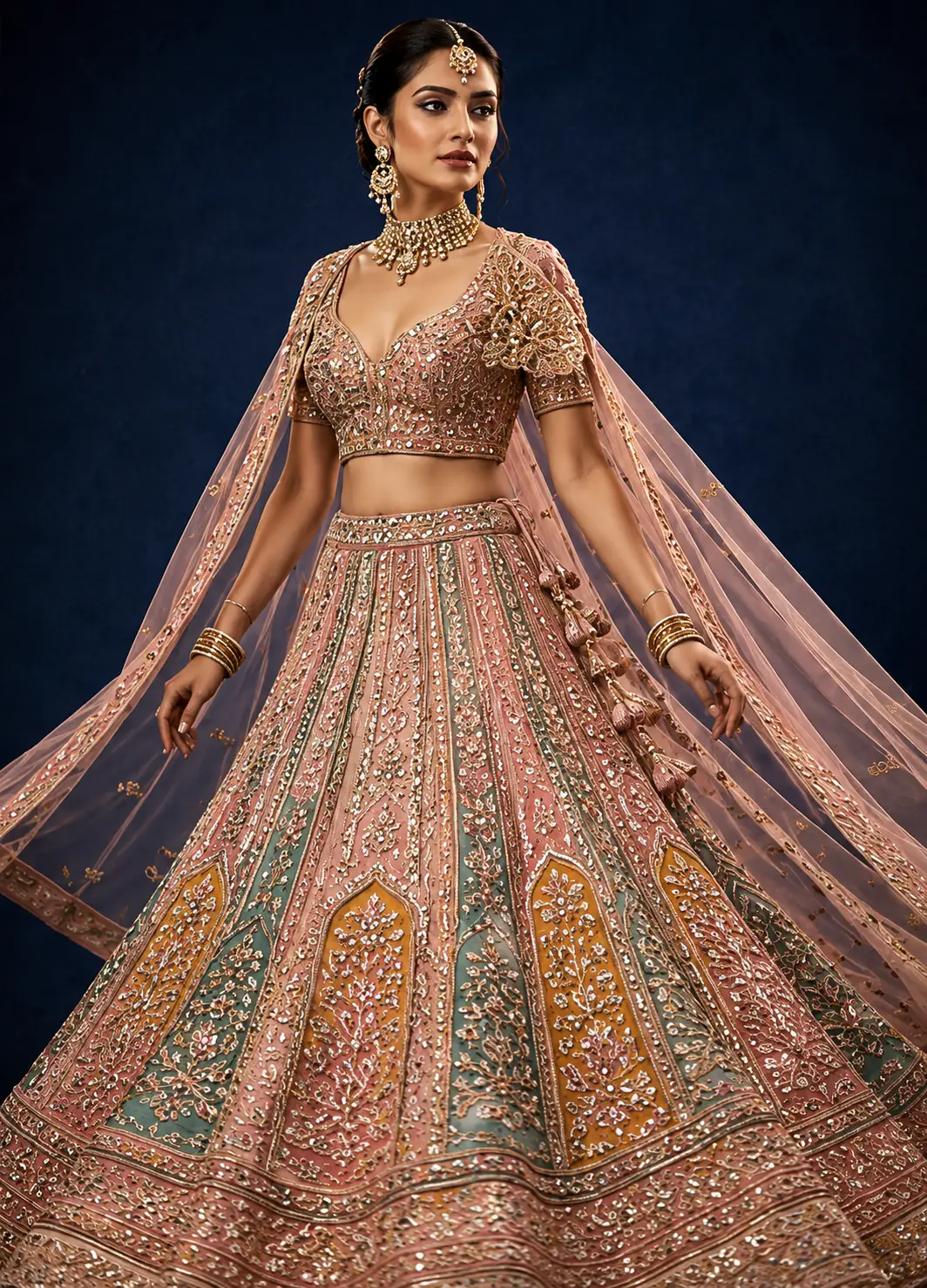 Grey Beige Sequins Embroidered Silk Exclusive Bridal Lehenga 