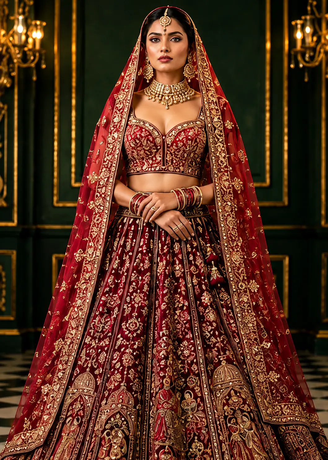 Cherry Red Silk Reception Lehenga with Sweet Heart Neck Blouse