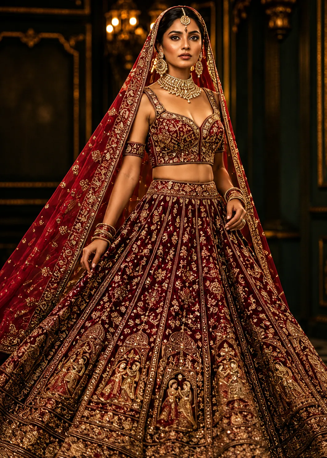Cherry Red Silk Reception Lehenga with Sweet Heart Neck Blouse
