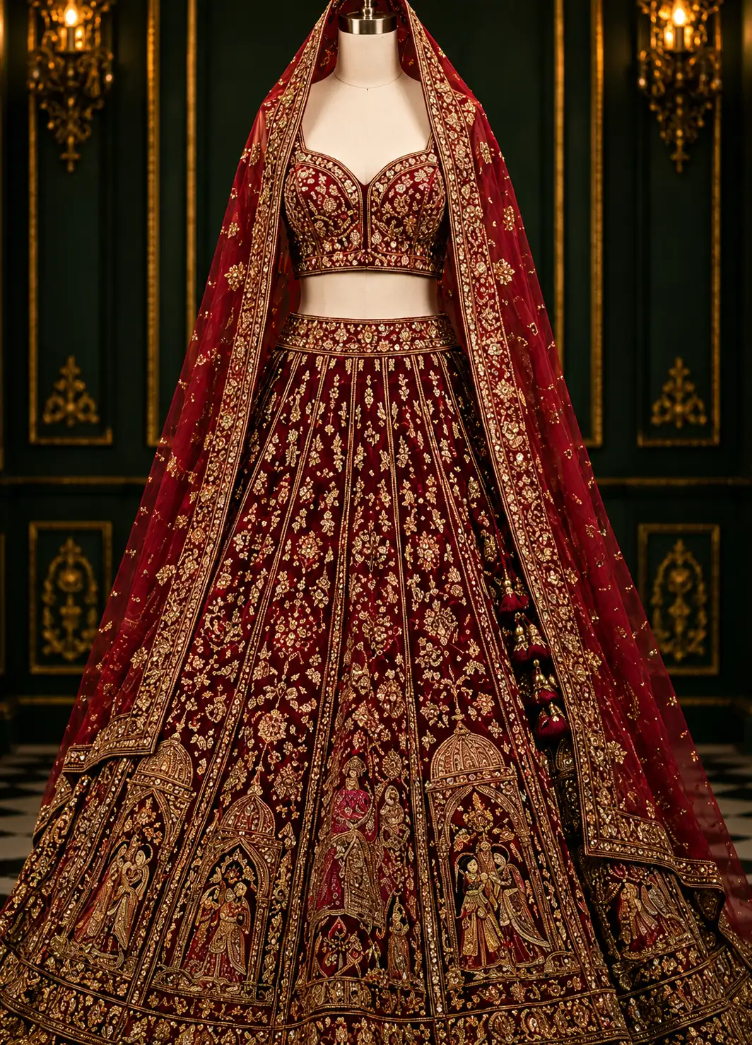 Cherry Red Silk Reception Lehenga with Sweet Heart Neck Blouse