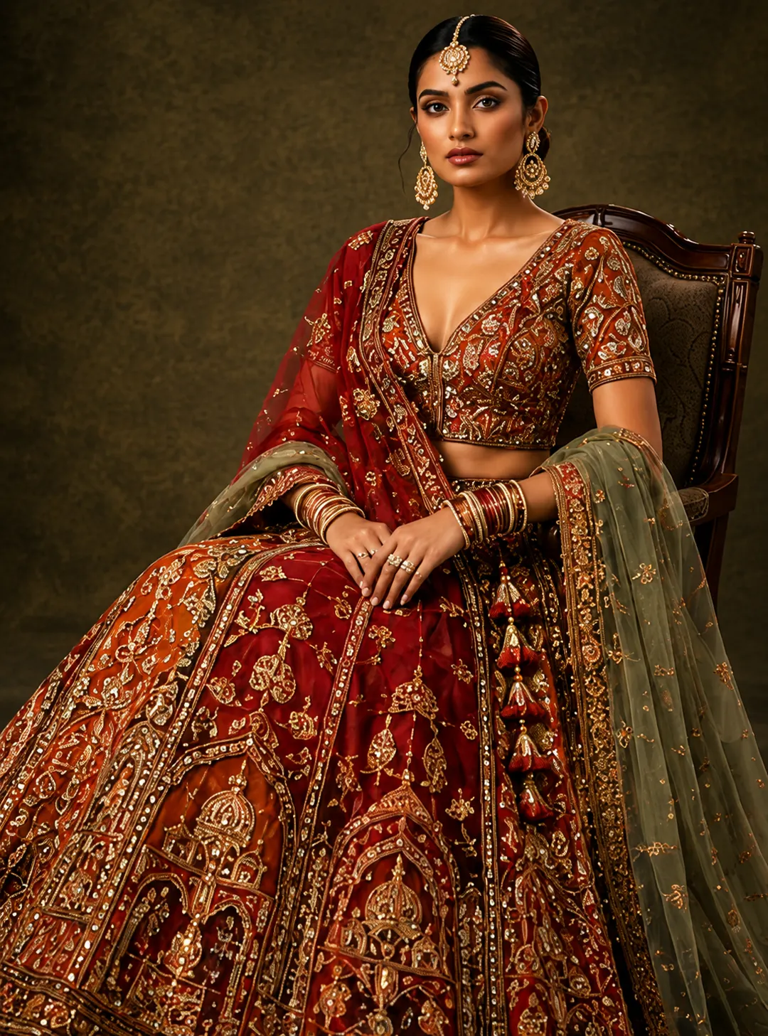 Rust Orange Sequins Embroidered Raw Silk Bridal Lehenga