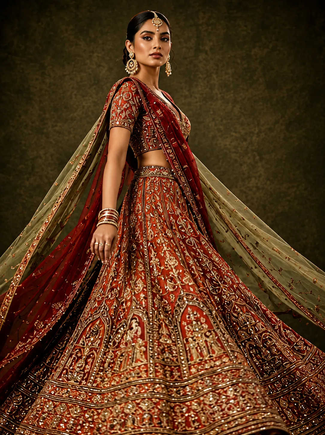 Rust Orange Sequins Embroidered Raw Silk Bridal Lehenga
