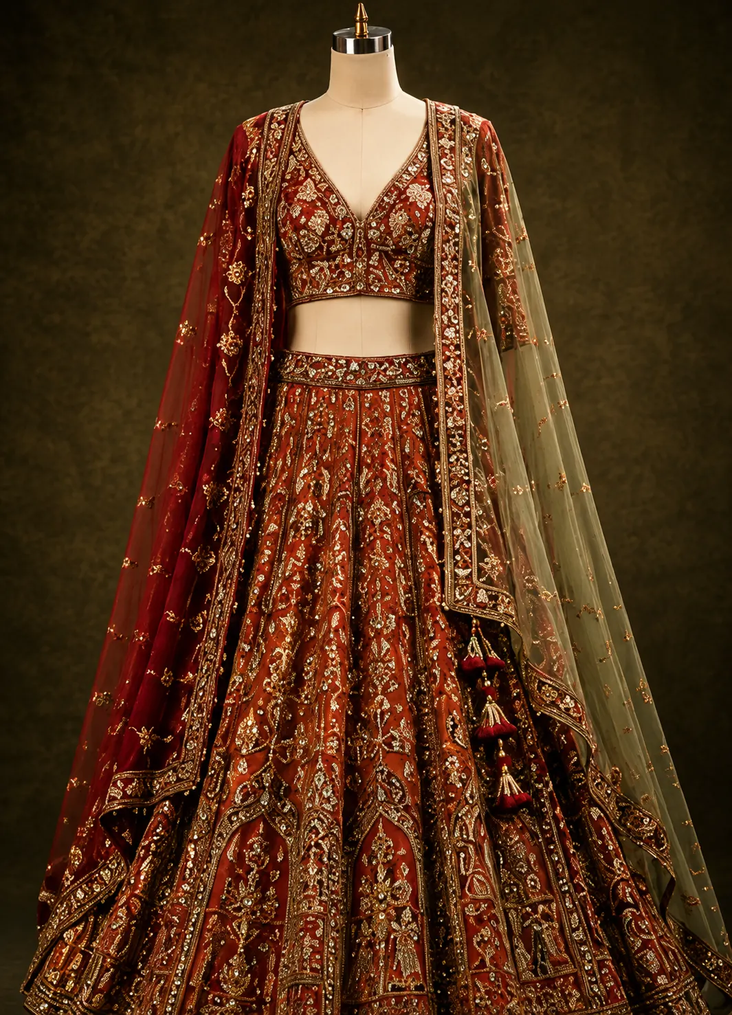Rust Orange Sequins Embroidered Raw Silk Bridal Lehenga