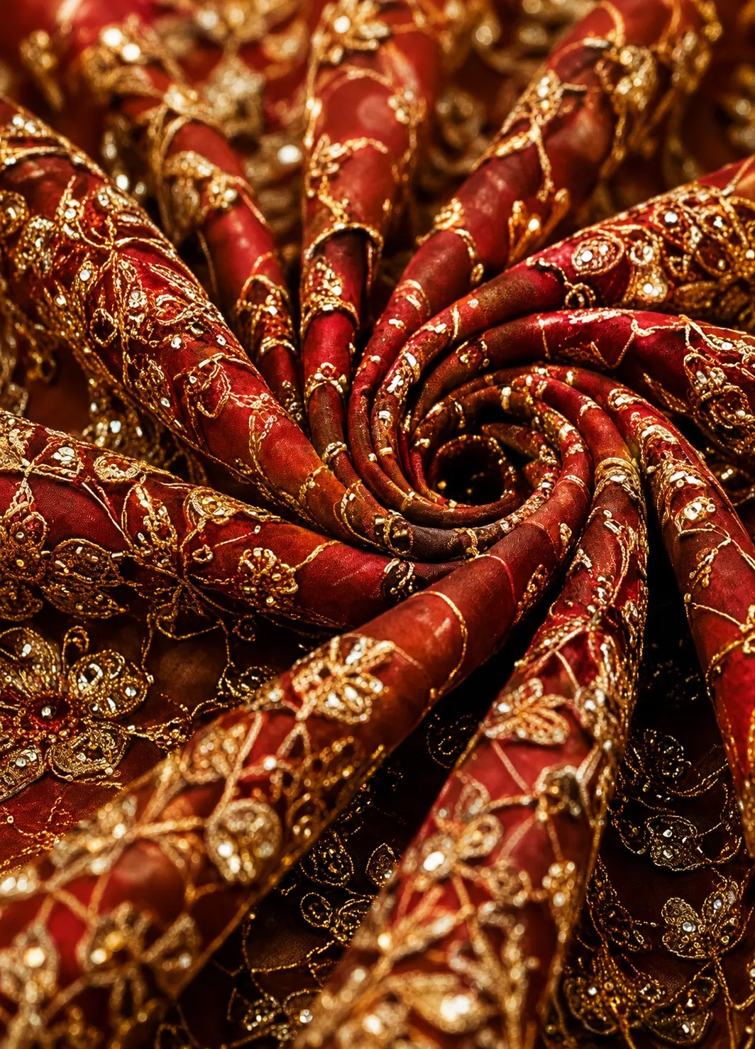 Rust Orange Sequins Embroidered Raw Silk Bridal Lehenga