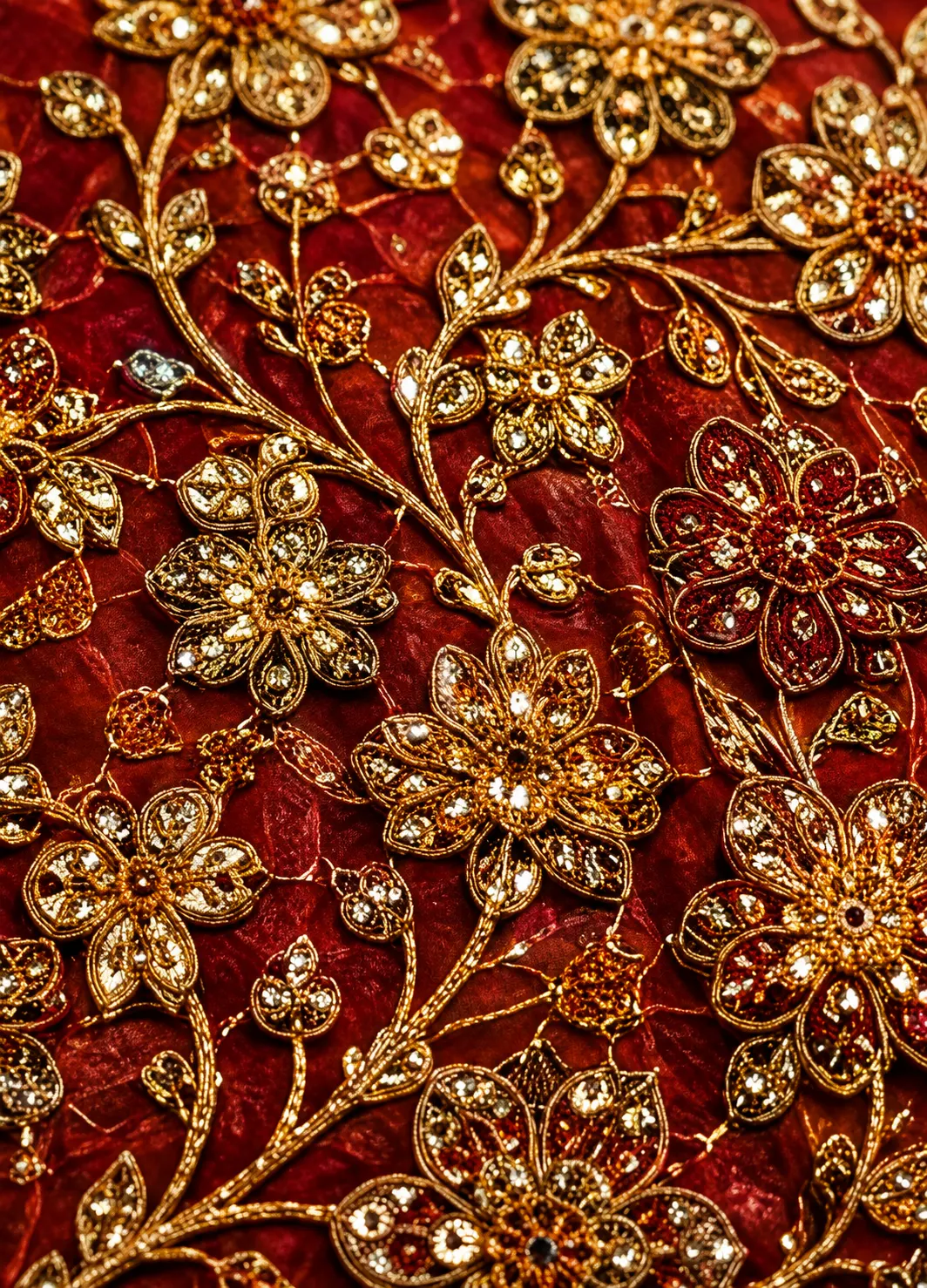 Rust Orange Sequins Embroidered Raw Silk Bridal Lehenga
