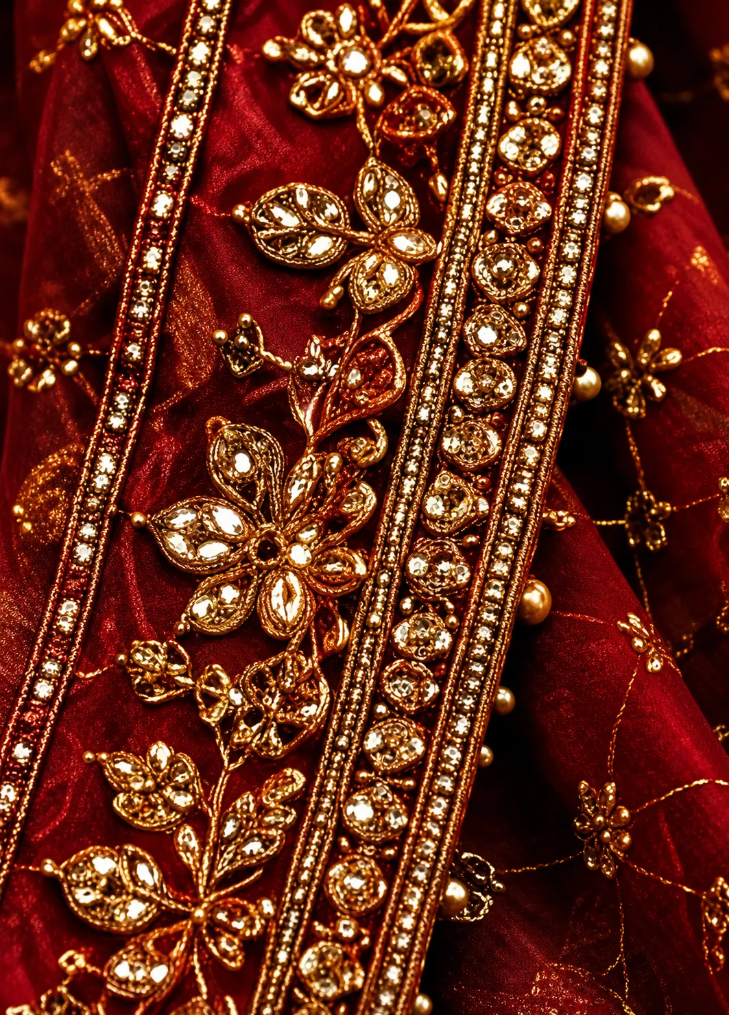 Rust Orange Sequins Embroidered Raw Silk Bridal Lehenga