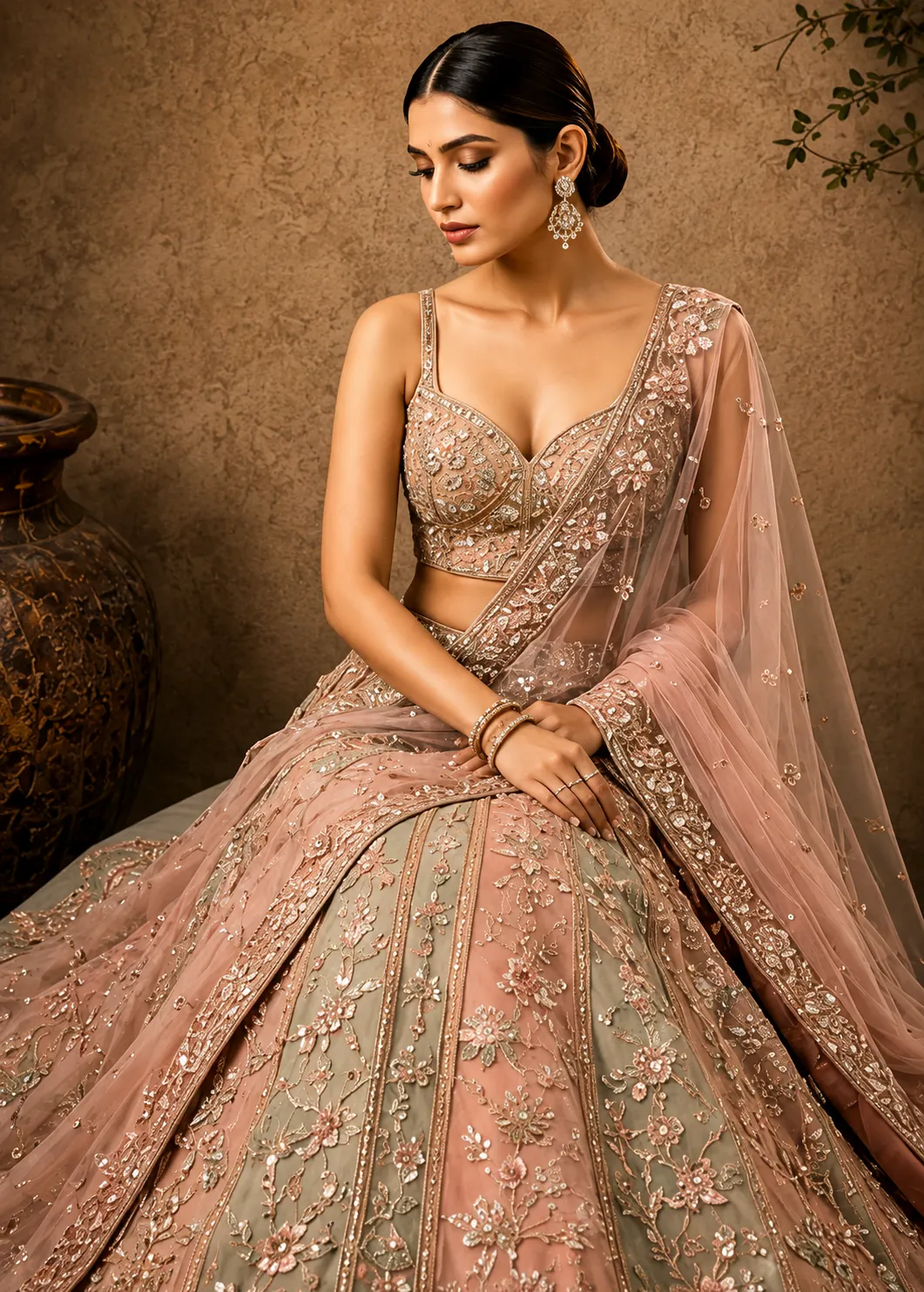 Cream and Green Ombre Silk Bridal Lehenga