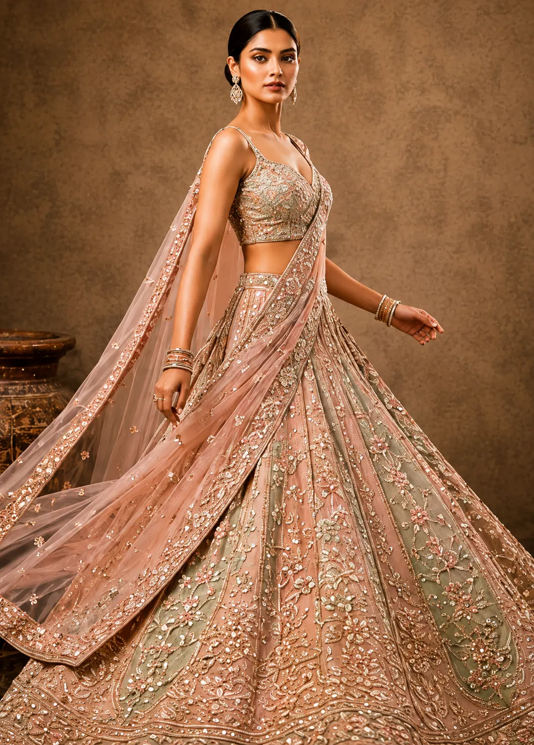 Cream and Green Ombre Silk Bridal Lehenga