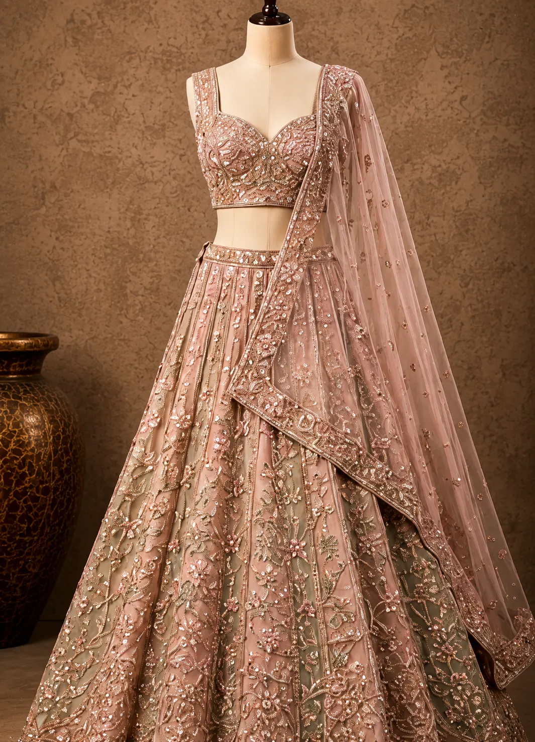 Cream and Green Ombre Silk Bridal Lehenga