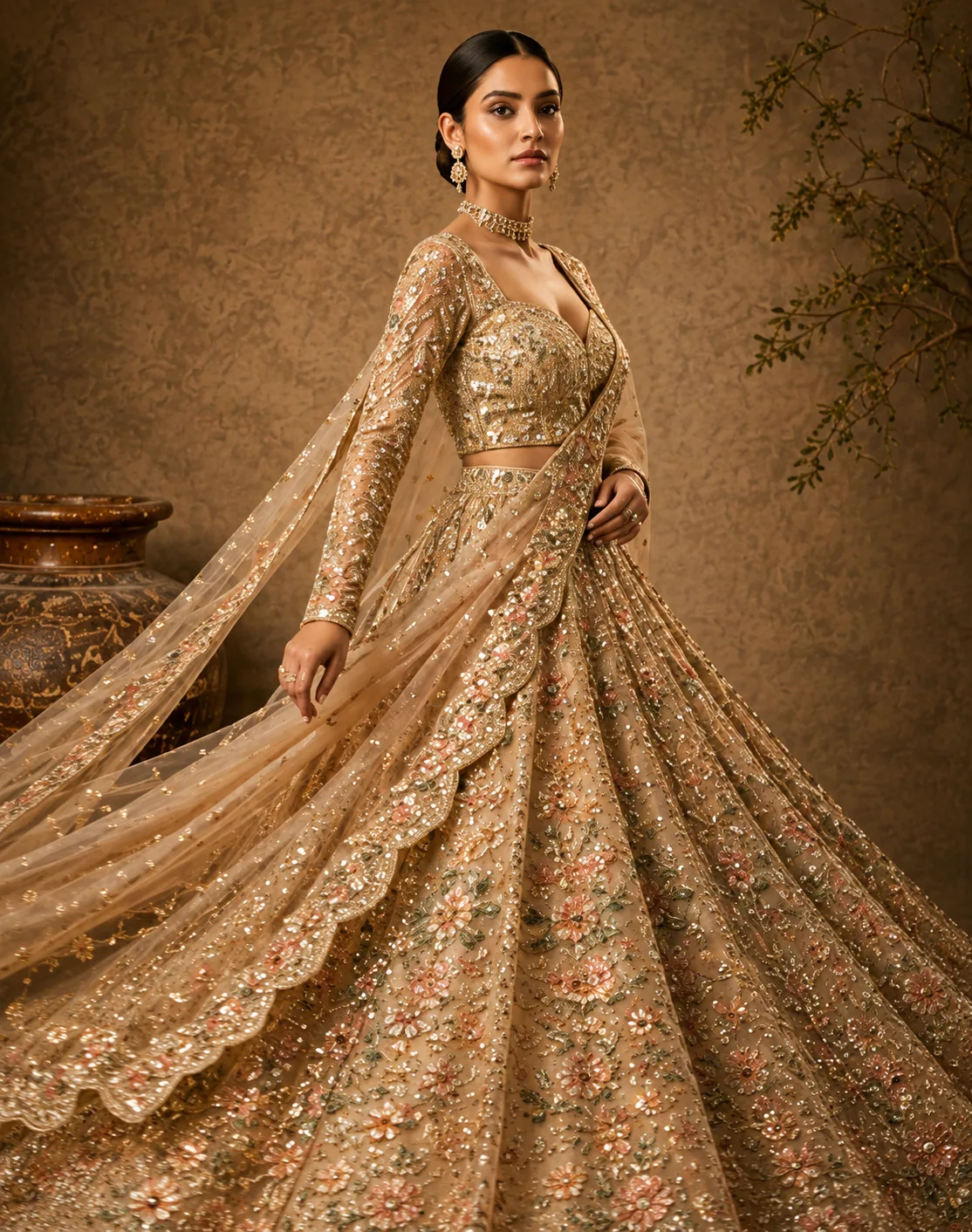 Beige Sequins Embroidered Net Reception Lehenga with Full Sleeve Blouse-JK2858
