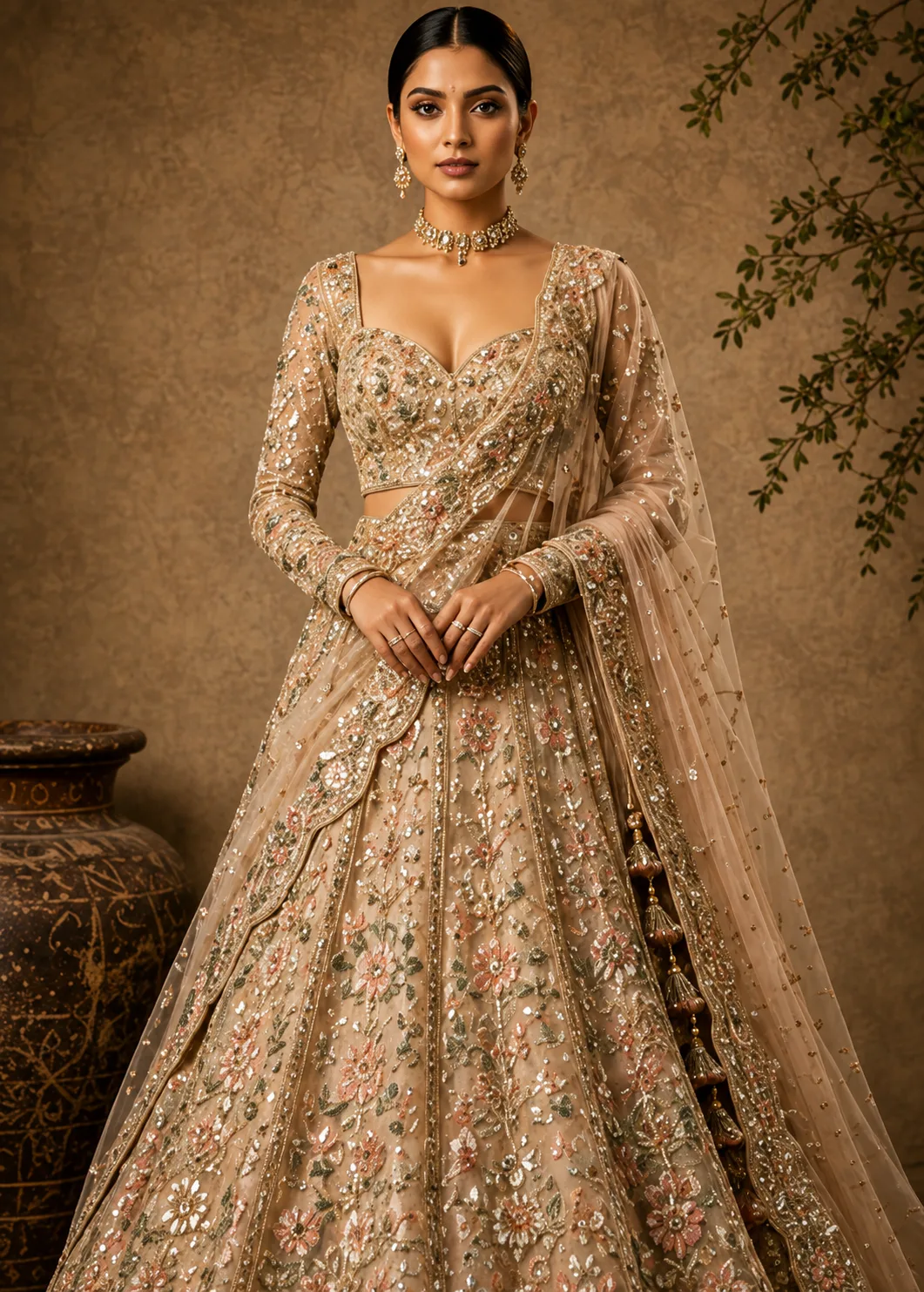 Beige Sequins Embroidered Net Reception Lehenga with Full Sleeve Blouse-JK2858