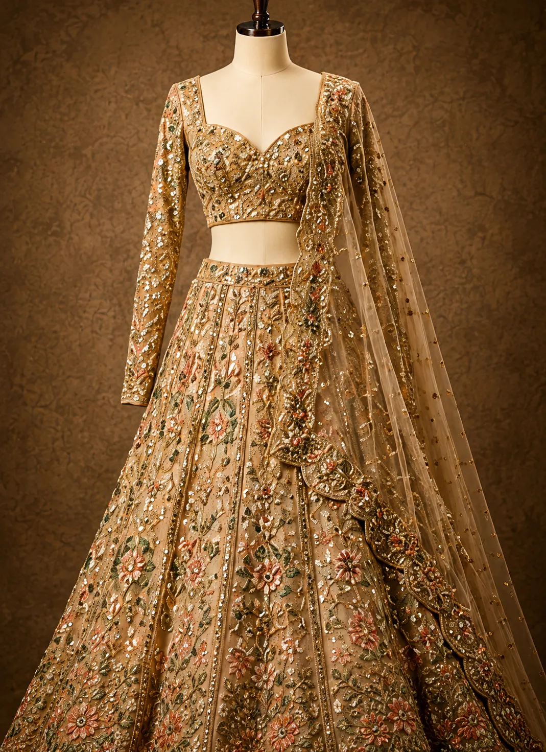Beige Sequins Embroidered Net Reception Lehenga with Full Sleeve Blouse-JK2858