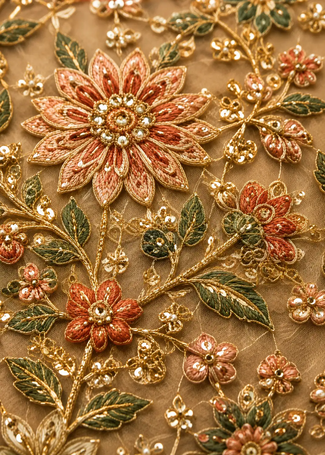 Beige Sequins Embroidered Net Reception Lehenga with Full Sleeve Blouse-JK2858