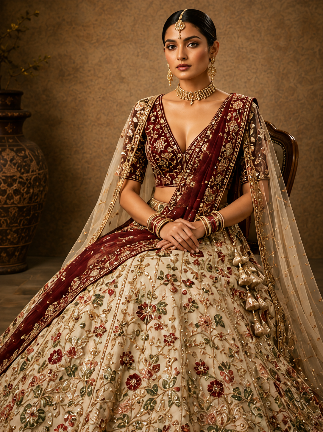 Ivory Resham Embroidered Silk Wedding Lehenga with Double Dupatta