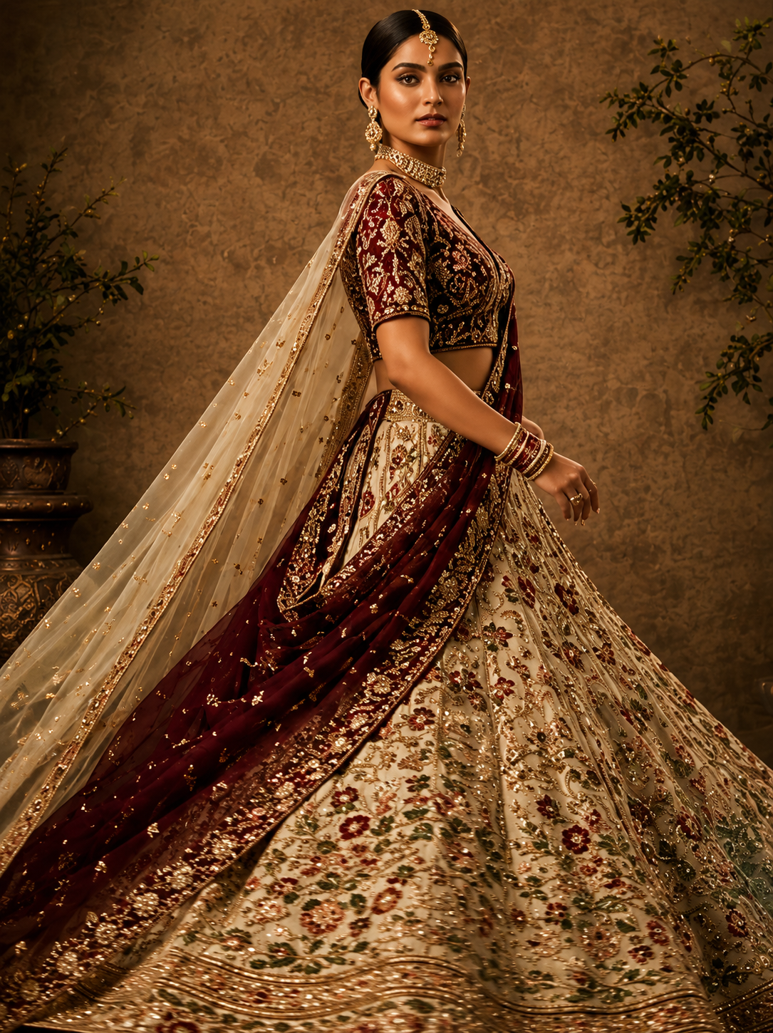 Ivory Resham Embroidered Silk Wedding Lehenga with Double Dupatta