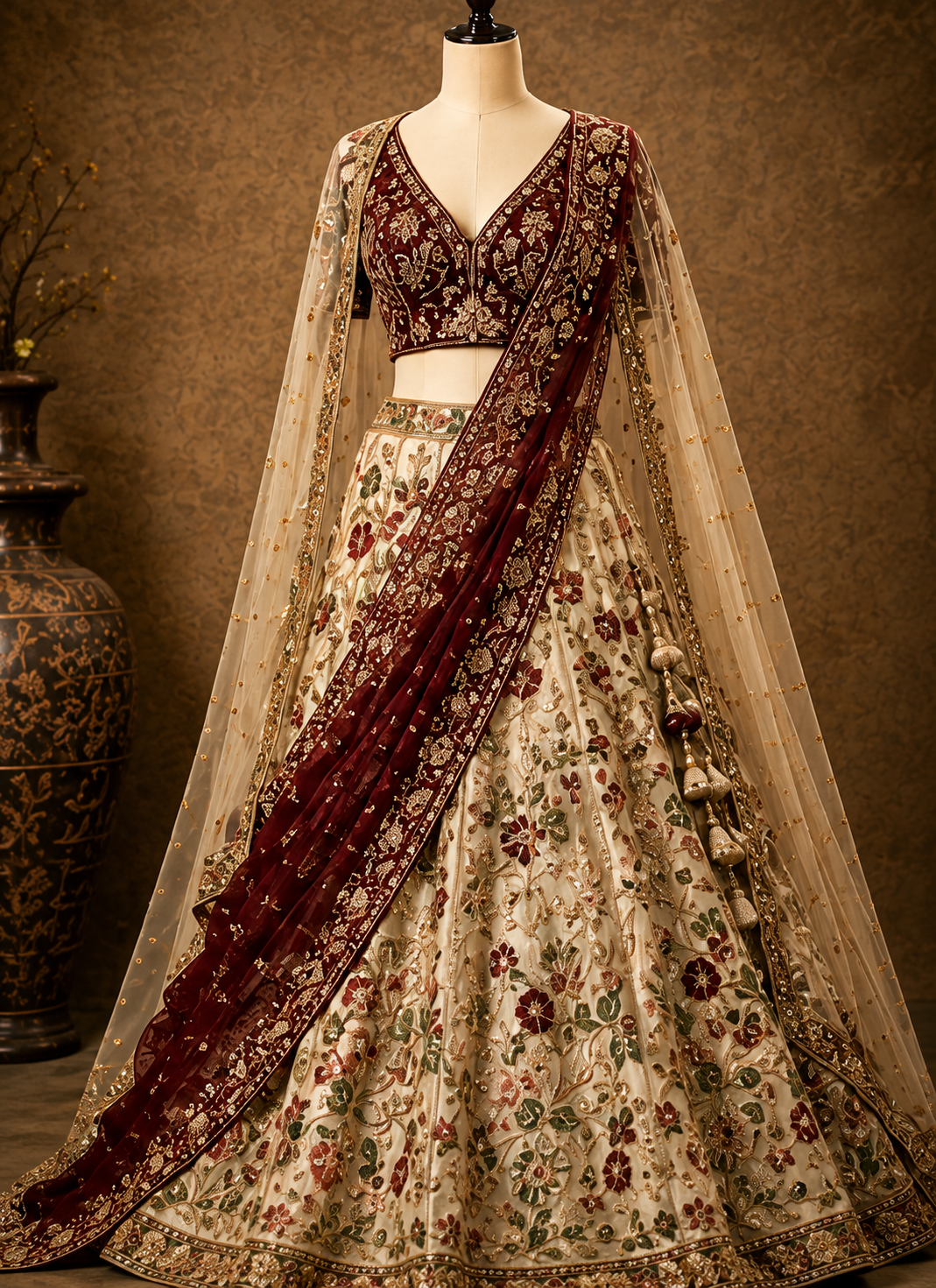 Ivory Resham Embroidered Silk Wedding Lehenga with Double Dupatta