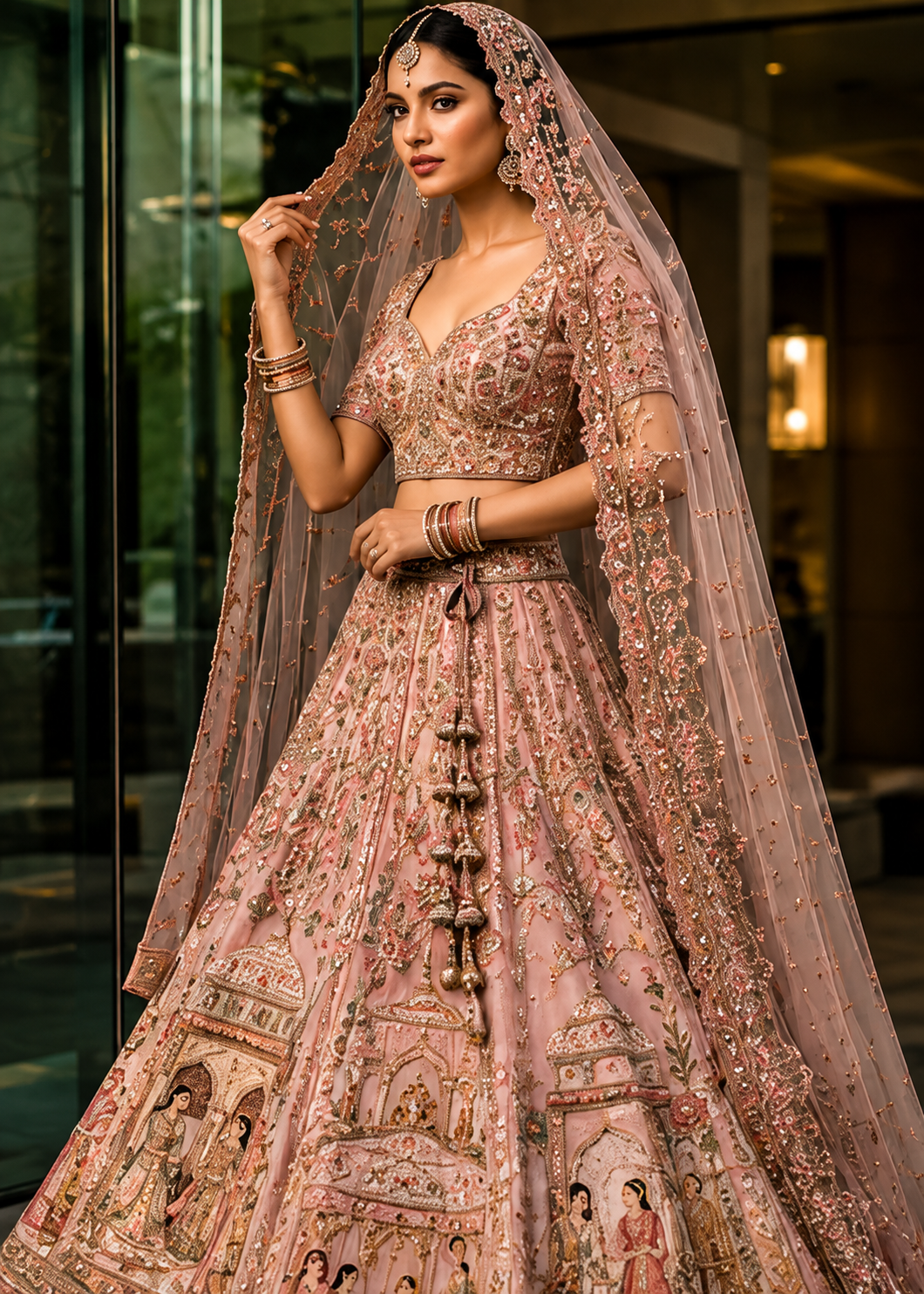 Baby Pink Umbrella Style Silk Bridal Lehenga with Plunged Neck Blouse