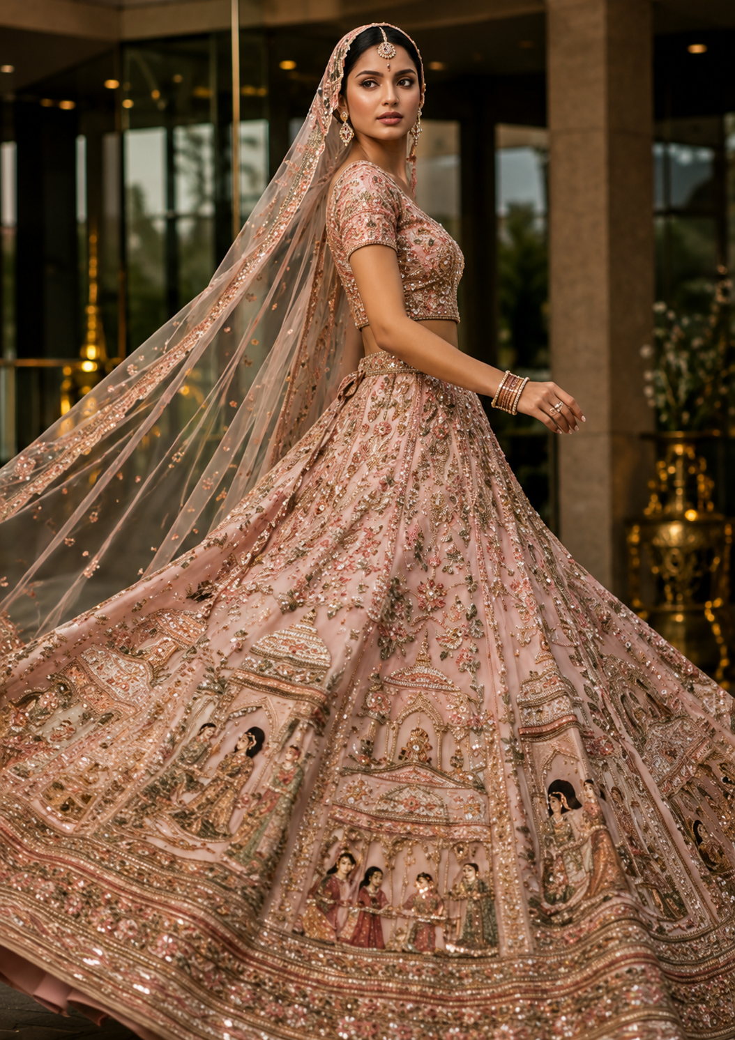 Baby Pink Umbrella Style Silk Bridal Lehenga with Plunged Neck Blouse