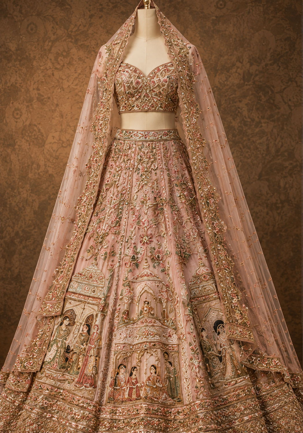 Baby Pink Umbrella Style Silk Bridal Lehenga with Plunged Neck Blouse