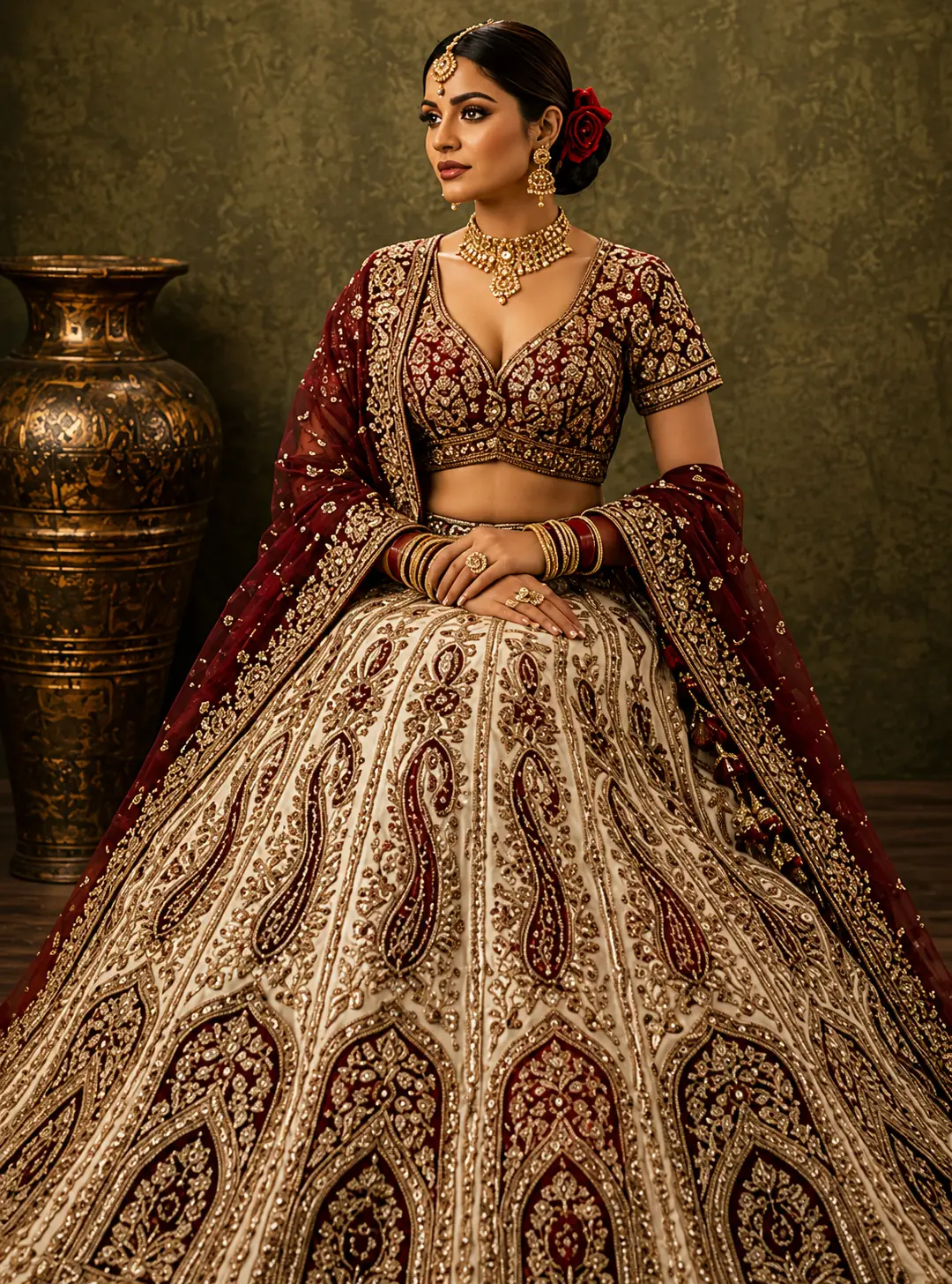 Beige Umbrella Style Silk Bridal Lehenga with Leaf Neck Blouse