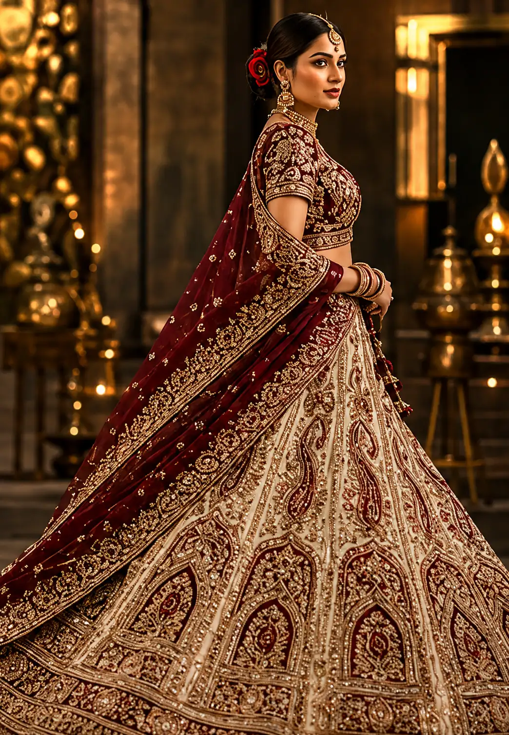 Beige Umbrella Style Silk Bridal Lehenga with Leaf Neck Blouse