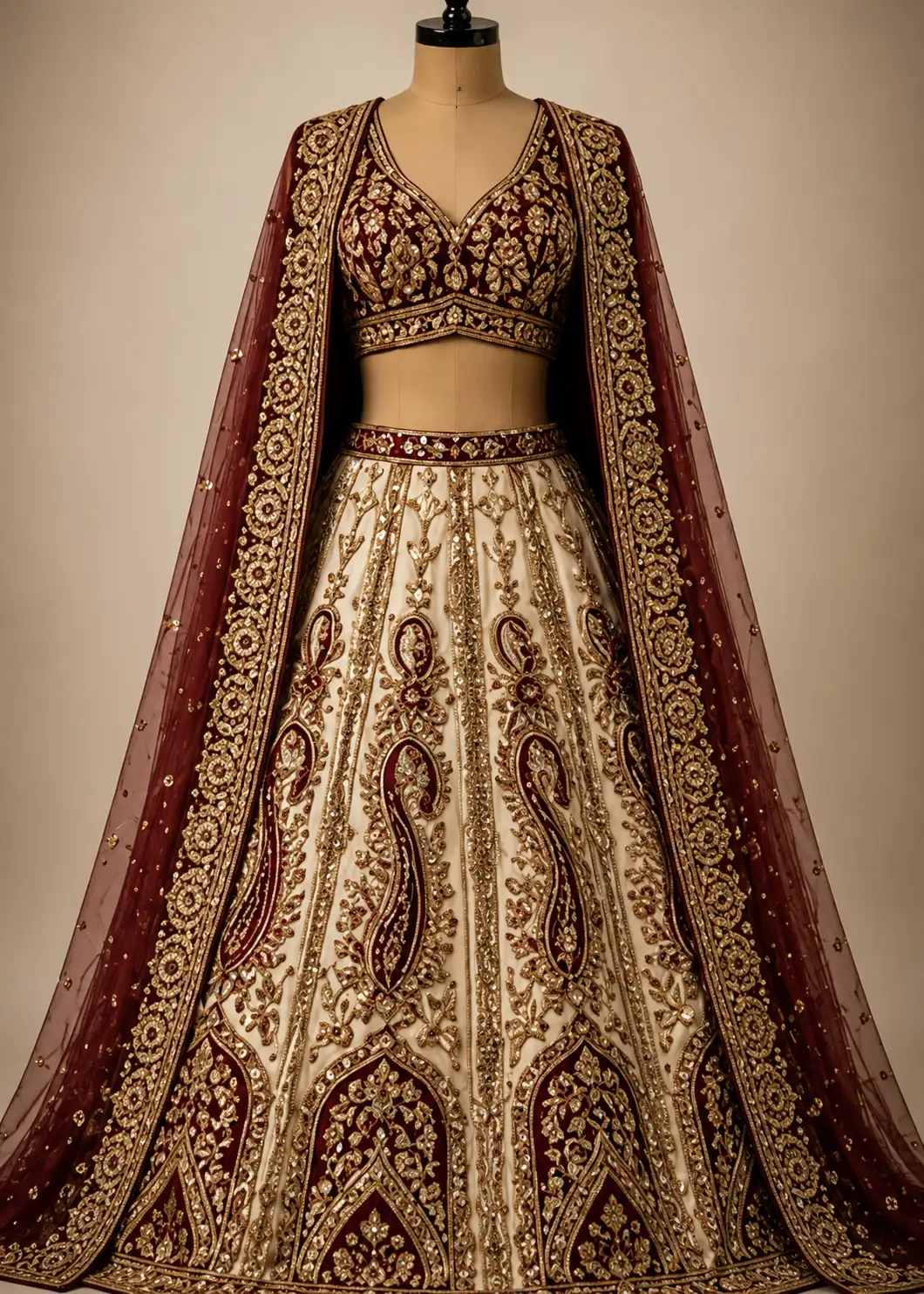 Beige Umbrella Style Silk Bridal Lehenga with Leaf Neck Blouse