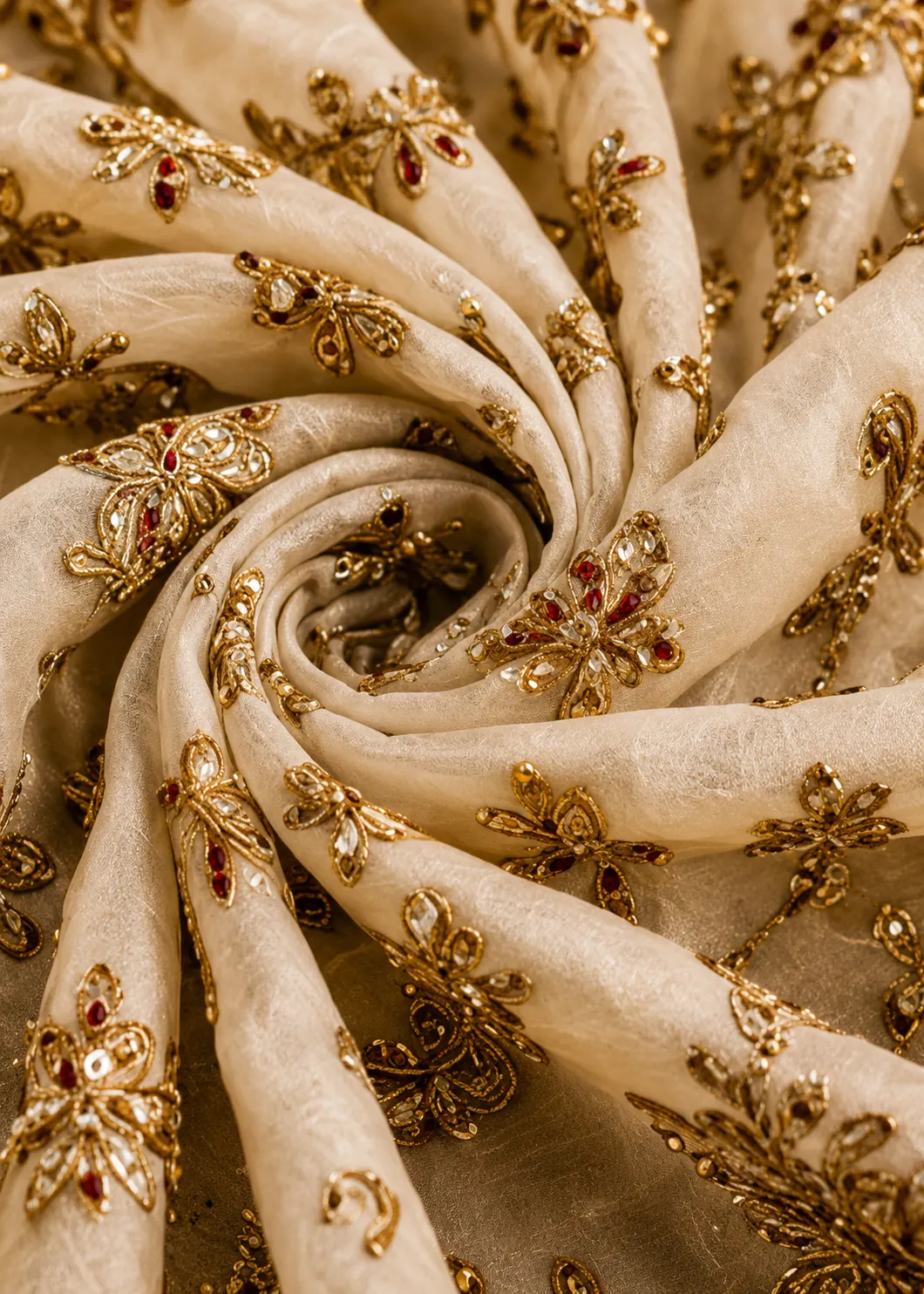 Beige Umbrella Style Silk Bridal Lehenga with Leaf Neck Blouse