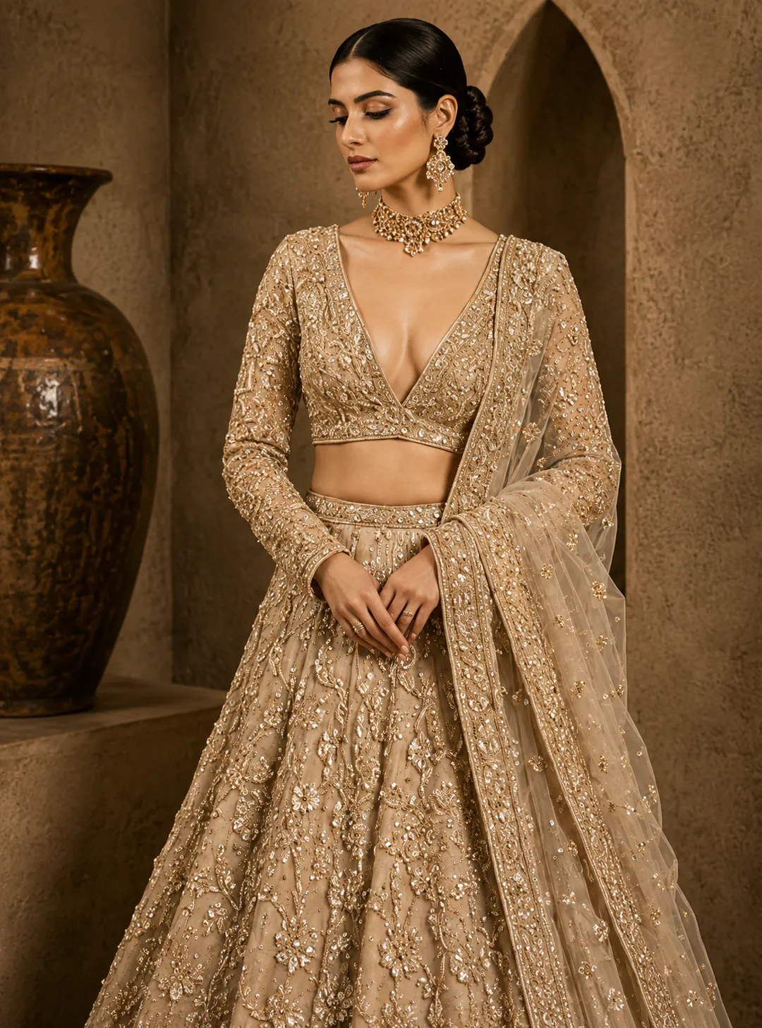 Beige Net Engagement Lehenga with Embroidered Full Sleeve Blouse