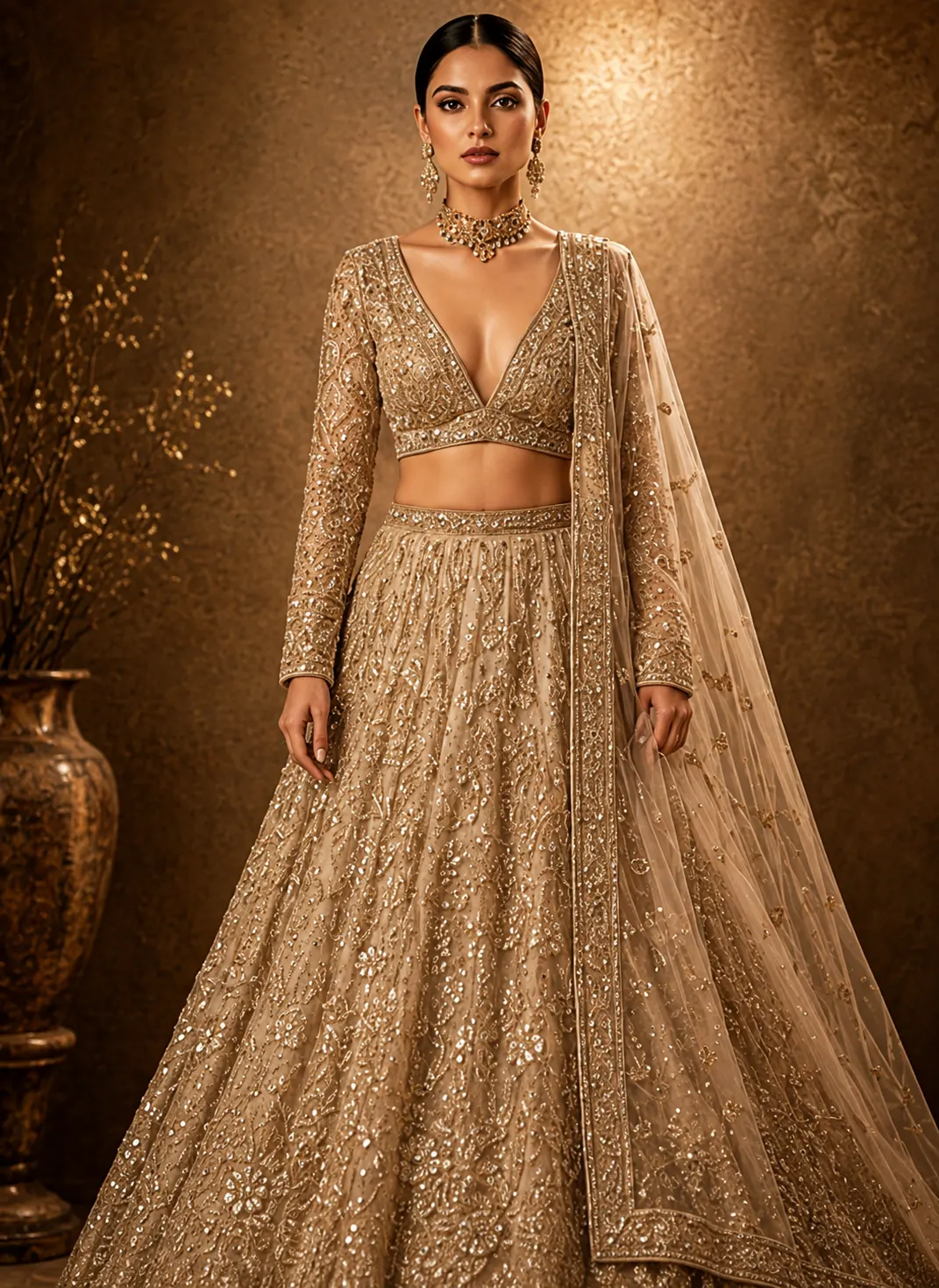 Beige Net Engagement Lehenga with Embroidered Full Sleeve Blouse