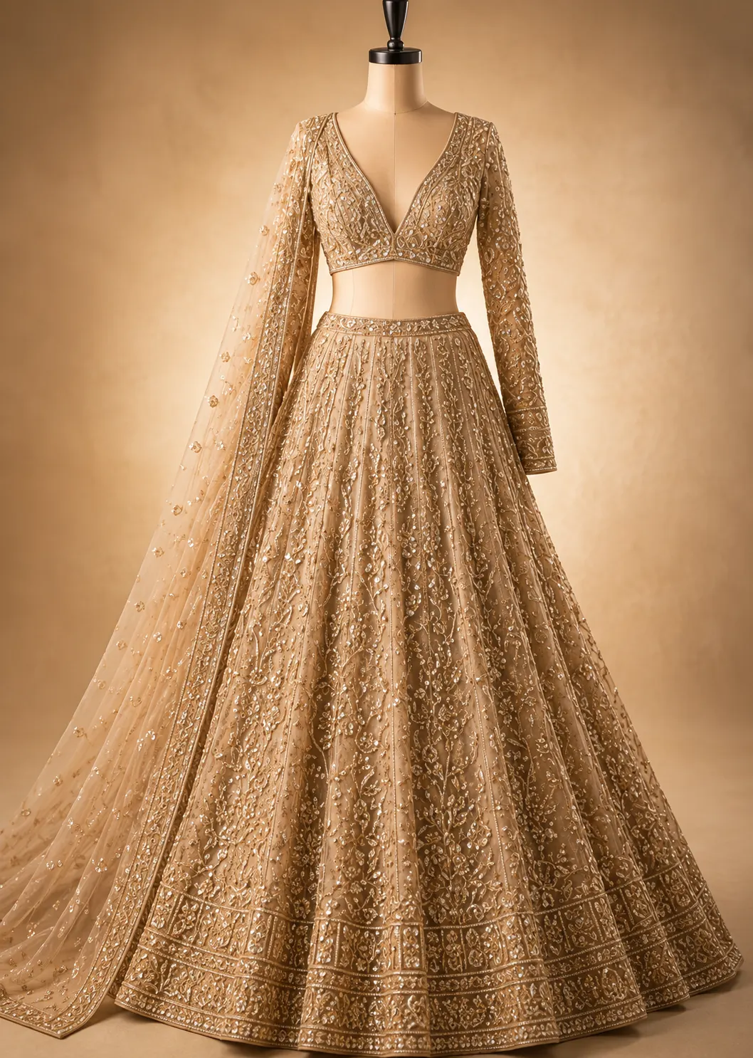 Beige Net Engagement Lehenga with Embroidered Full Sleeve Blouse